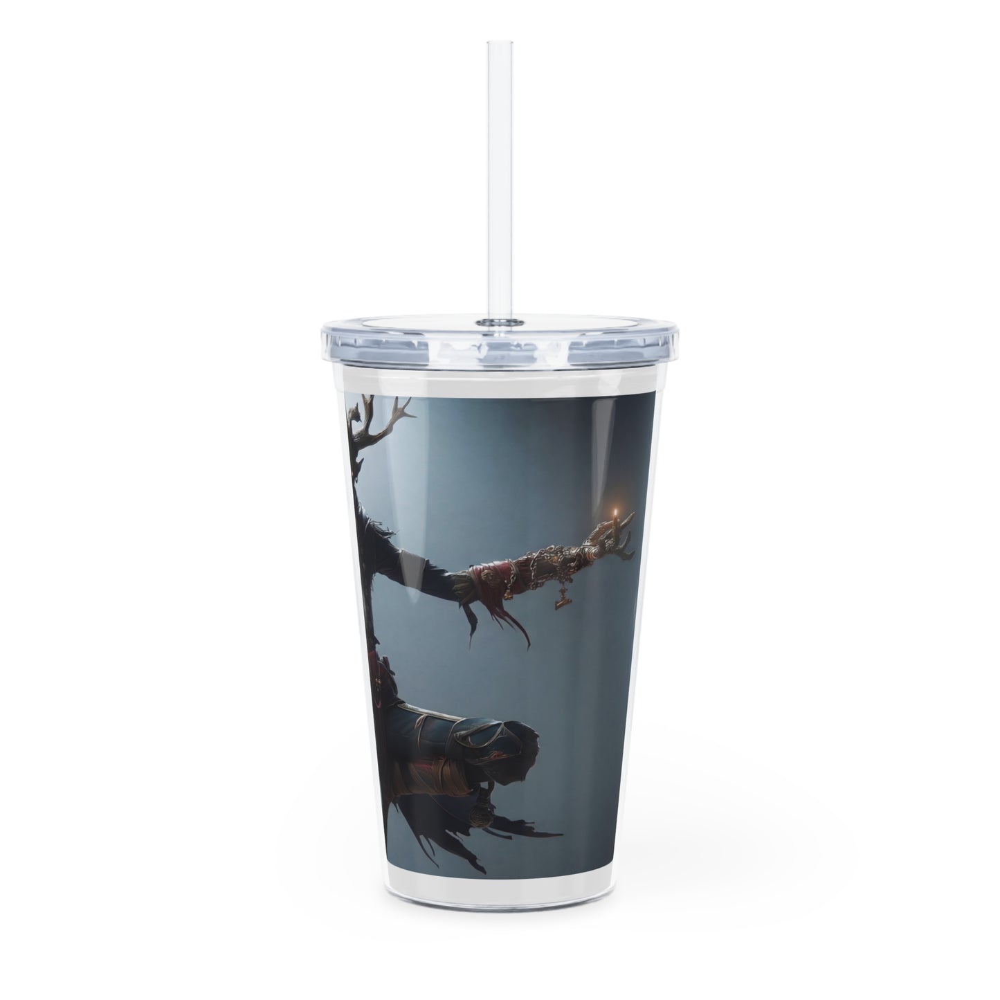 Forest Guardian with Candles Plastic Tumbler with Straw – Zen Amidst the Whispering Woods