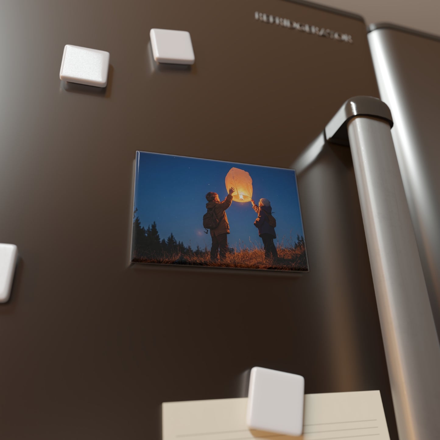 Starlit Lantern Wish Button Magnet, Rectangle (1 & 10 pcs) – Two Children Releasing Hope Into Twilight