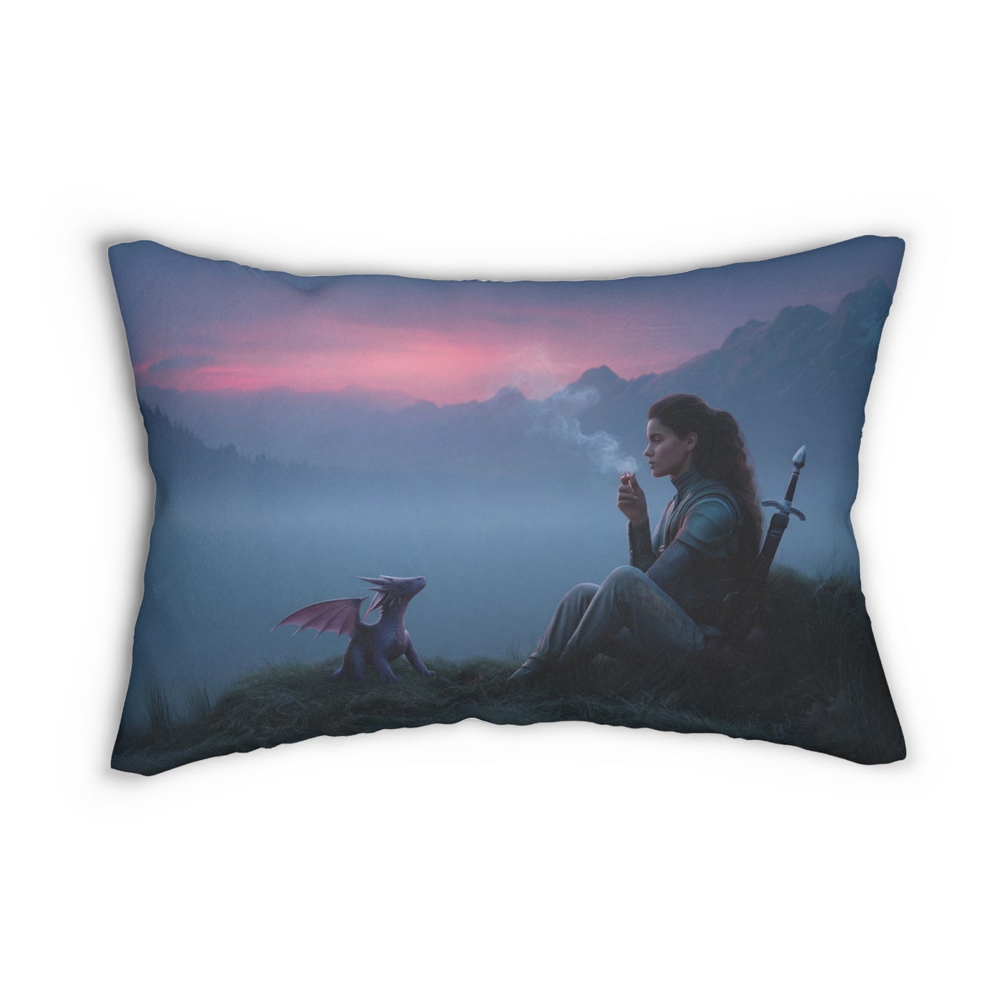 Twilight Sentinel and Dragon Spun Polyester Lumbar Pillow – Misty Mountain Quietude