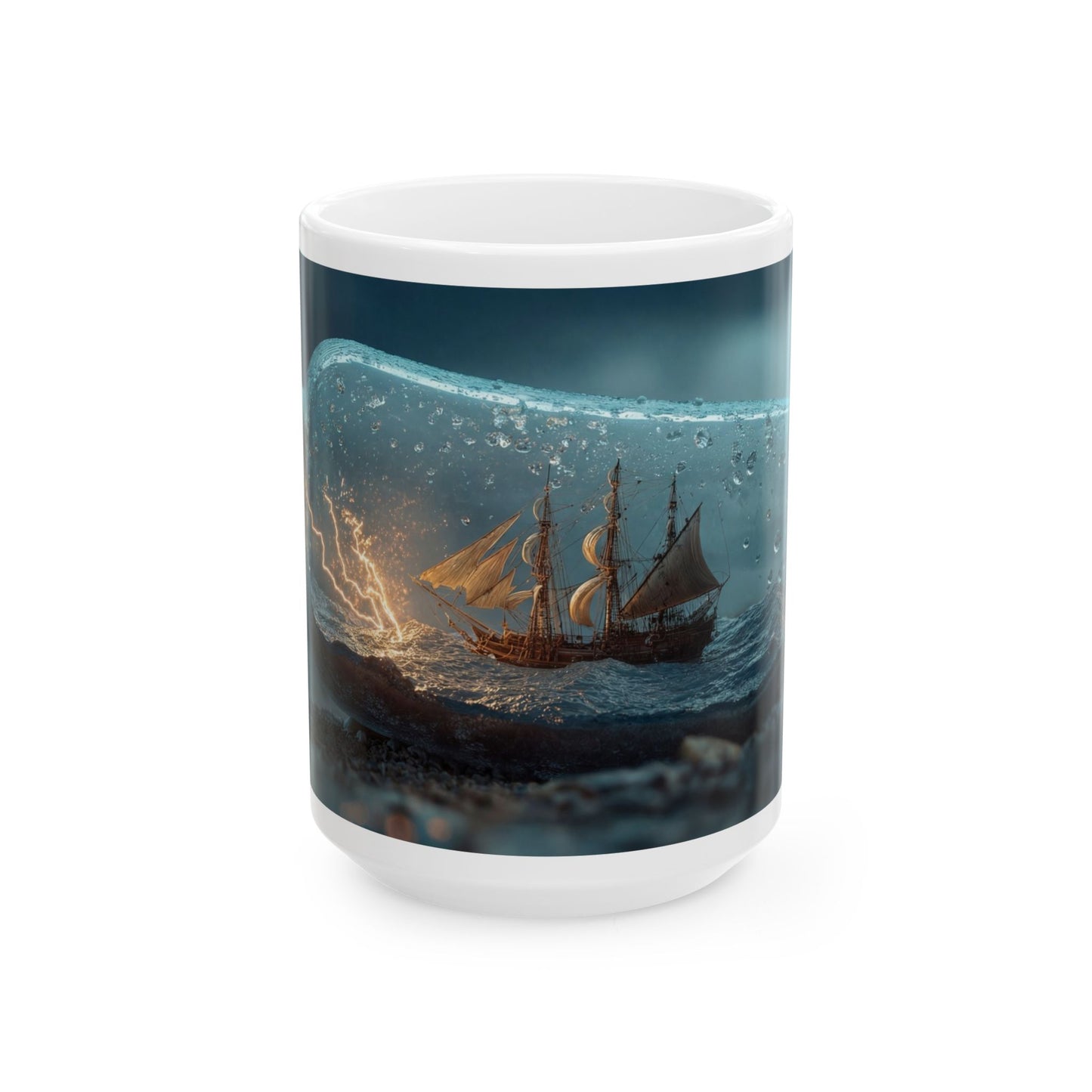 Storm-Sailed Ship in Bottle Ceramic Mug – (11oz, 15oz) – Sea’s Secret Encased