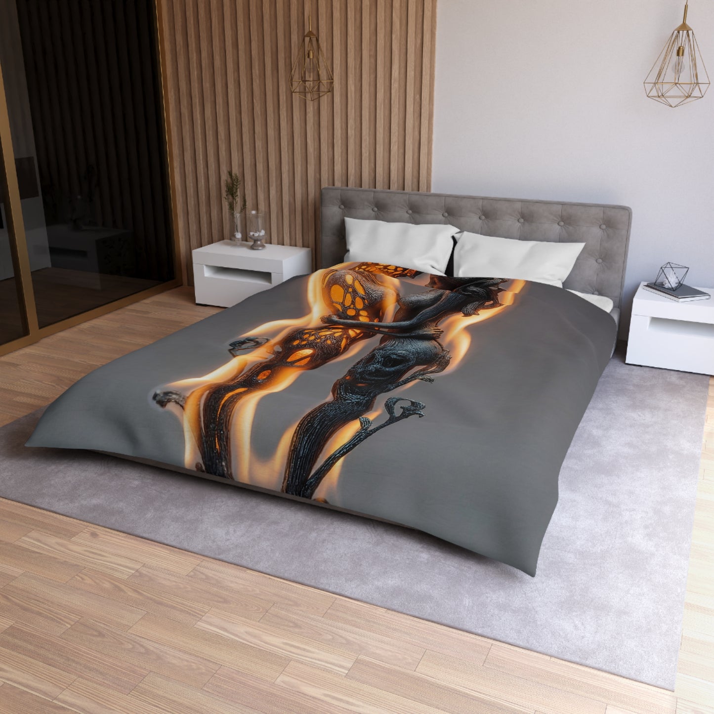 Flame-Embraced Lovers Microfiber Duvet Cover – Intertwined in Gilded Fire