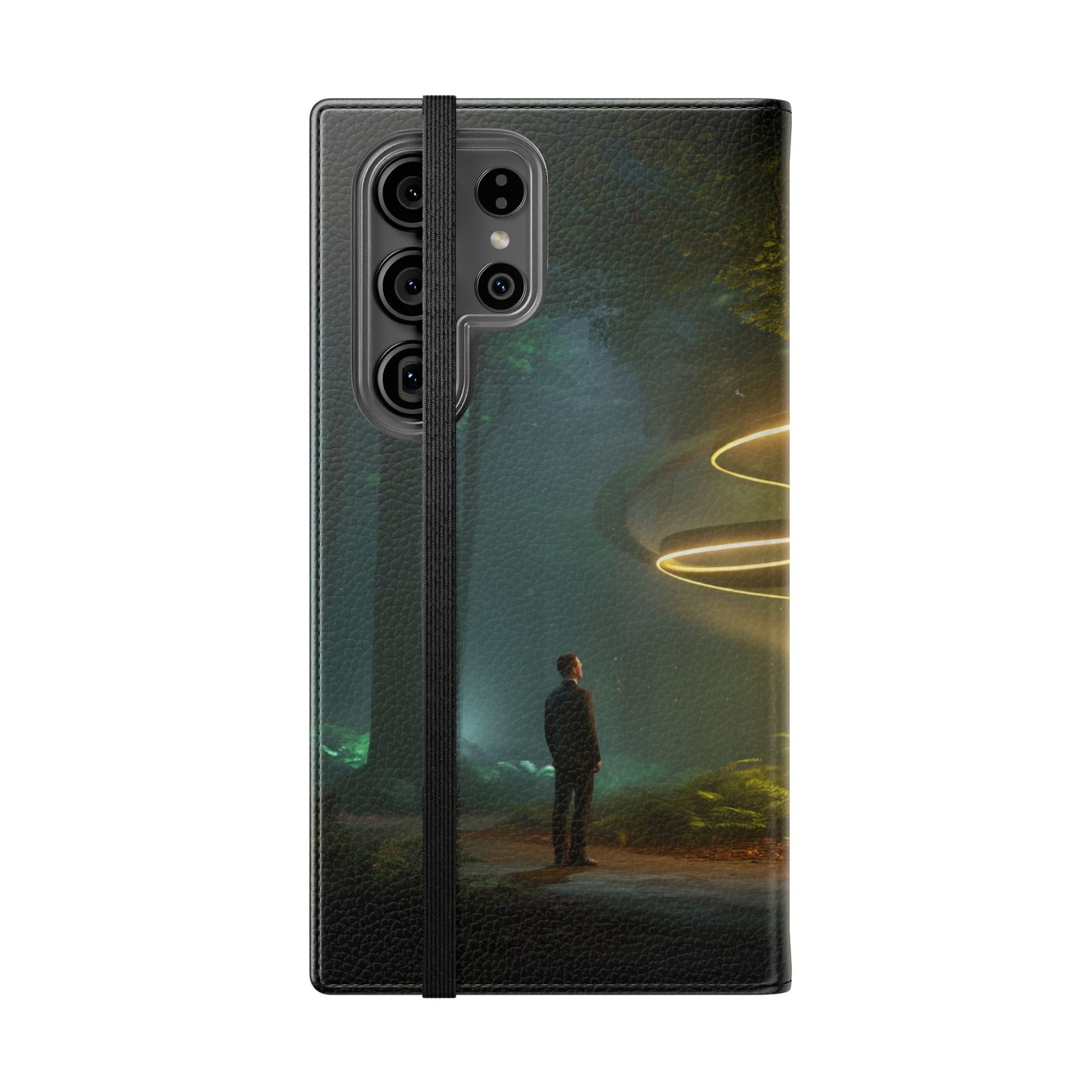 Luminous Spiral Forest Flip Cases – Golden Light Rings Mystery Scene