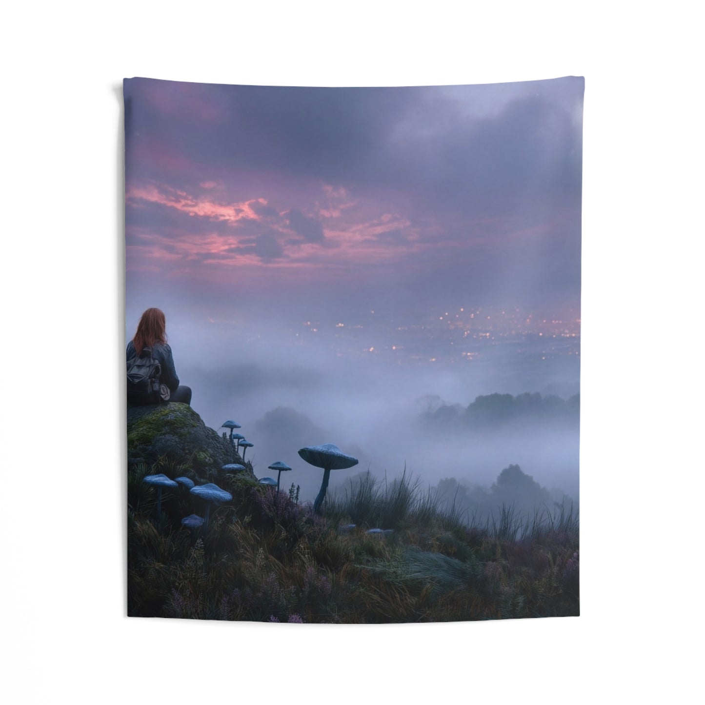 Moonlit Wanderer Wall Tapestry – Twilight Meadow with Bioluminescent Fungi
