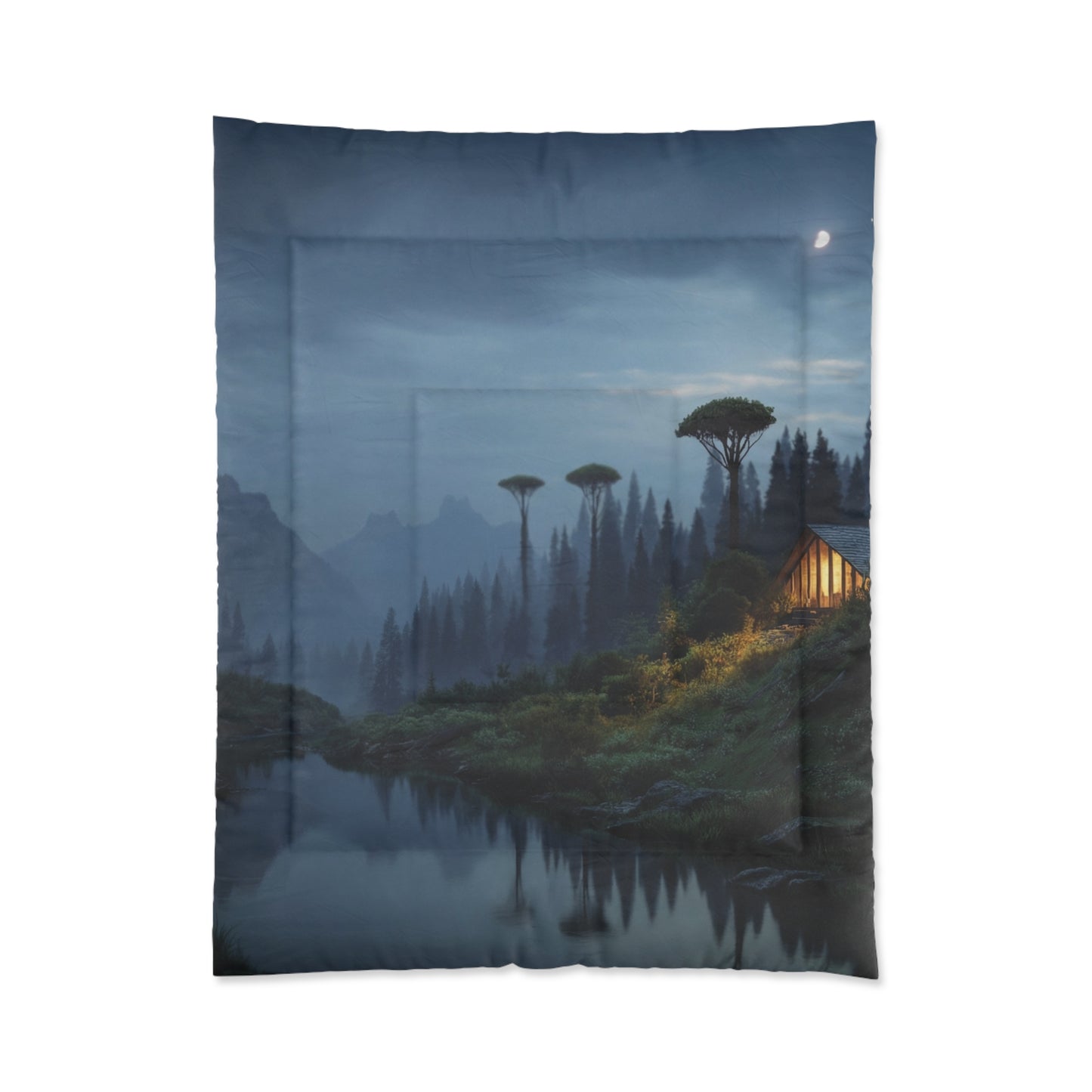 Moonlit Mountain Cabin Comforter – Warm Hearth Glow Amidst Whispering Peaks
