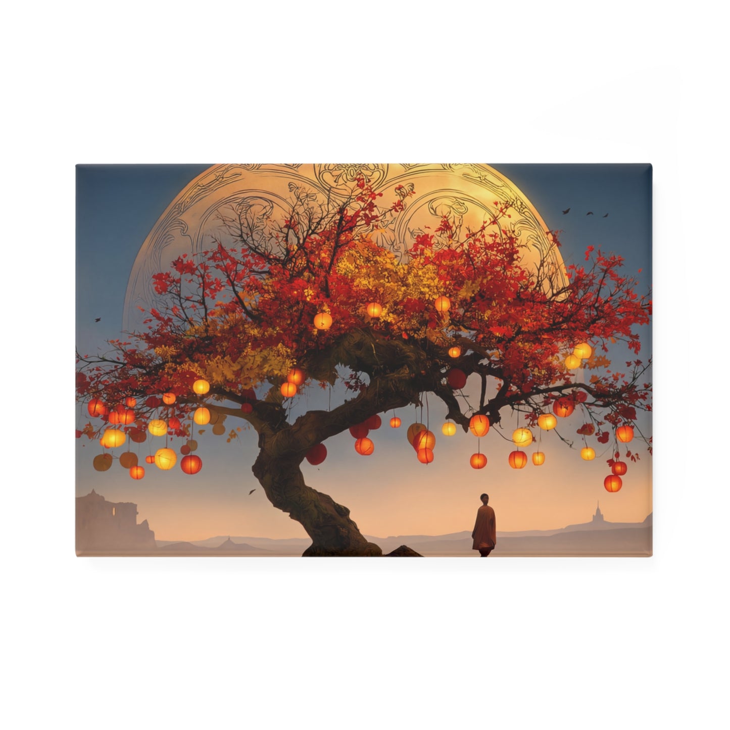 Lantern Tree Under Celestial Moon Button Magnet, Rectangle (1 & 10 pcs) – Autumn’s Quiet Revelation