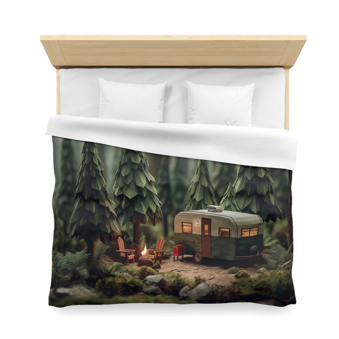 Forest Campfire Trailer Duvet Cover – Cozy Pine Glade Retreat