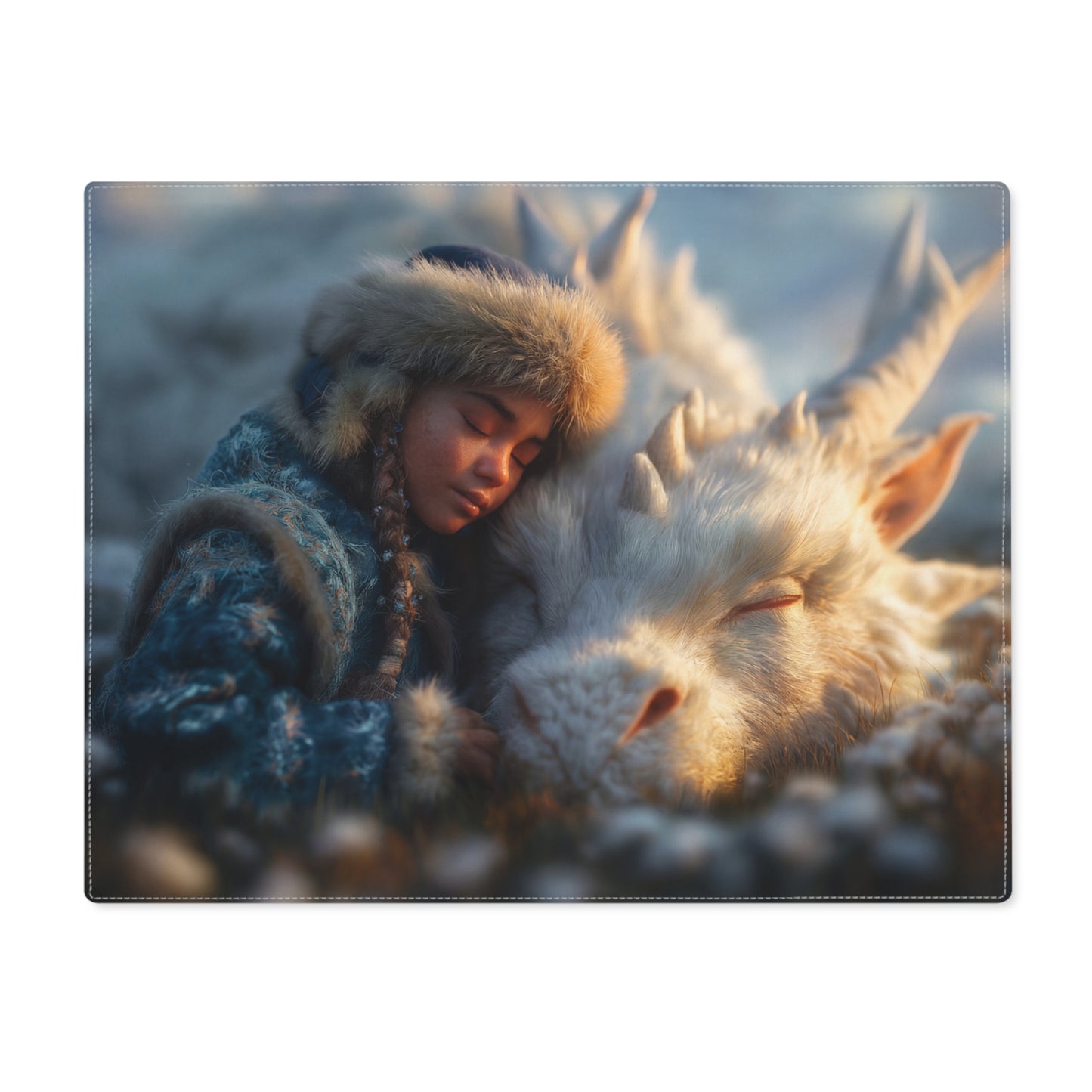 Winter’s Whisper Placemat – Child and Snow Dragon Resting in Frostbloom Meadow
