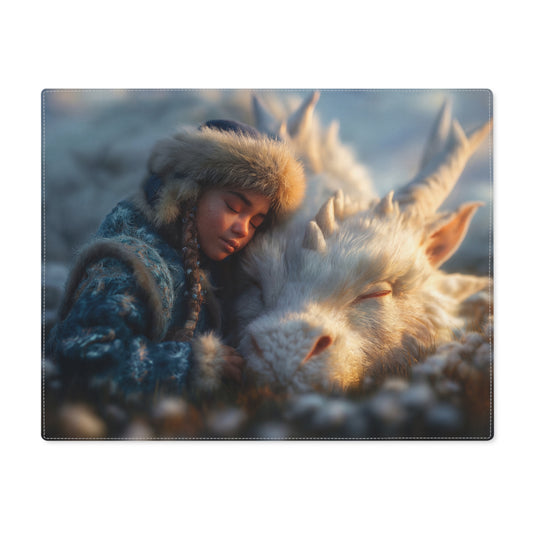 Winter’s Whisper Placemat – Child and Snow Dragon Resting in Frostbloom Meadow