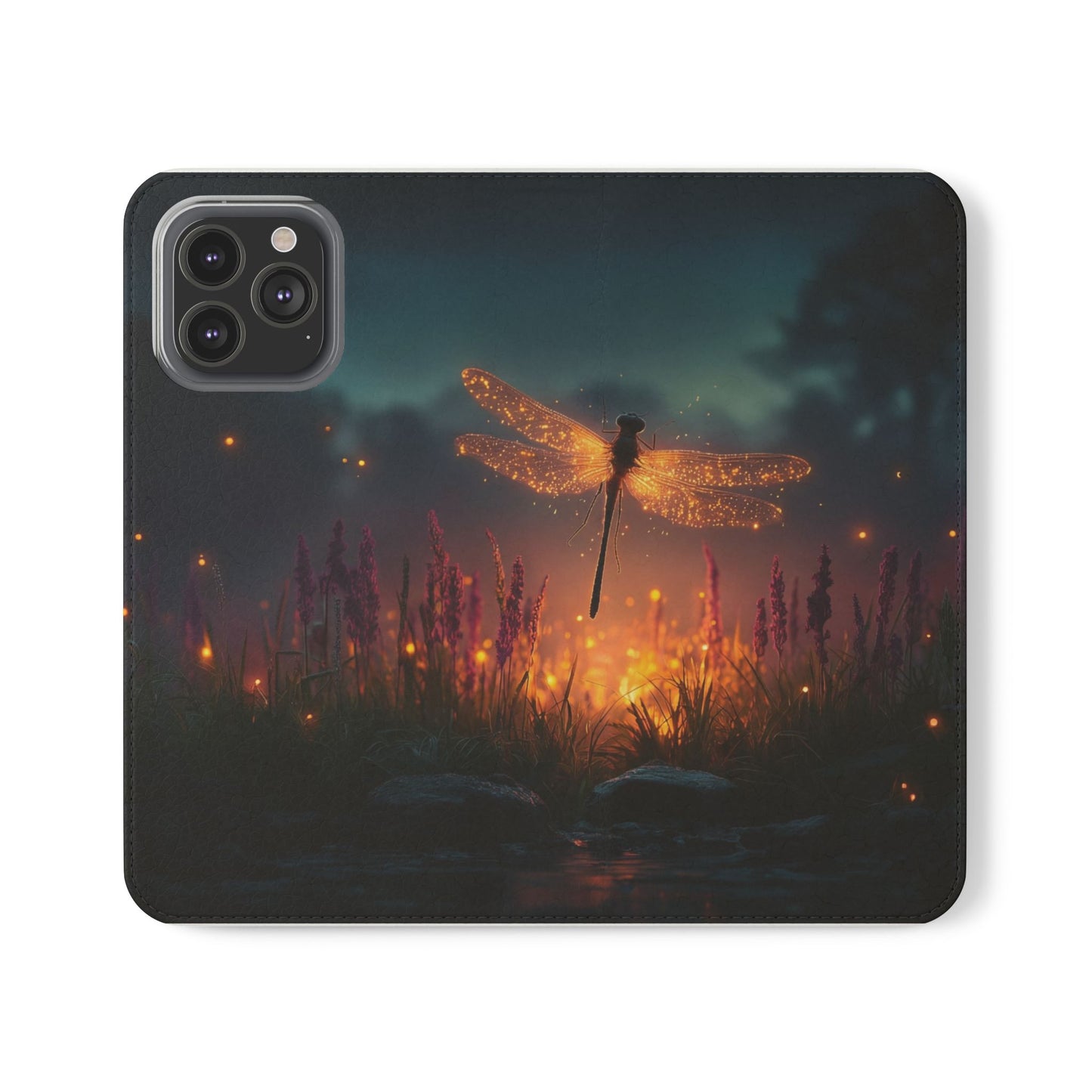 Bioluminescent Dragonfly Flip Cases – Glowing Amber Wings Over Twilight Marsh