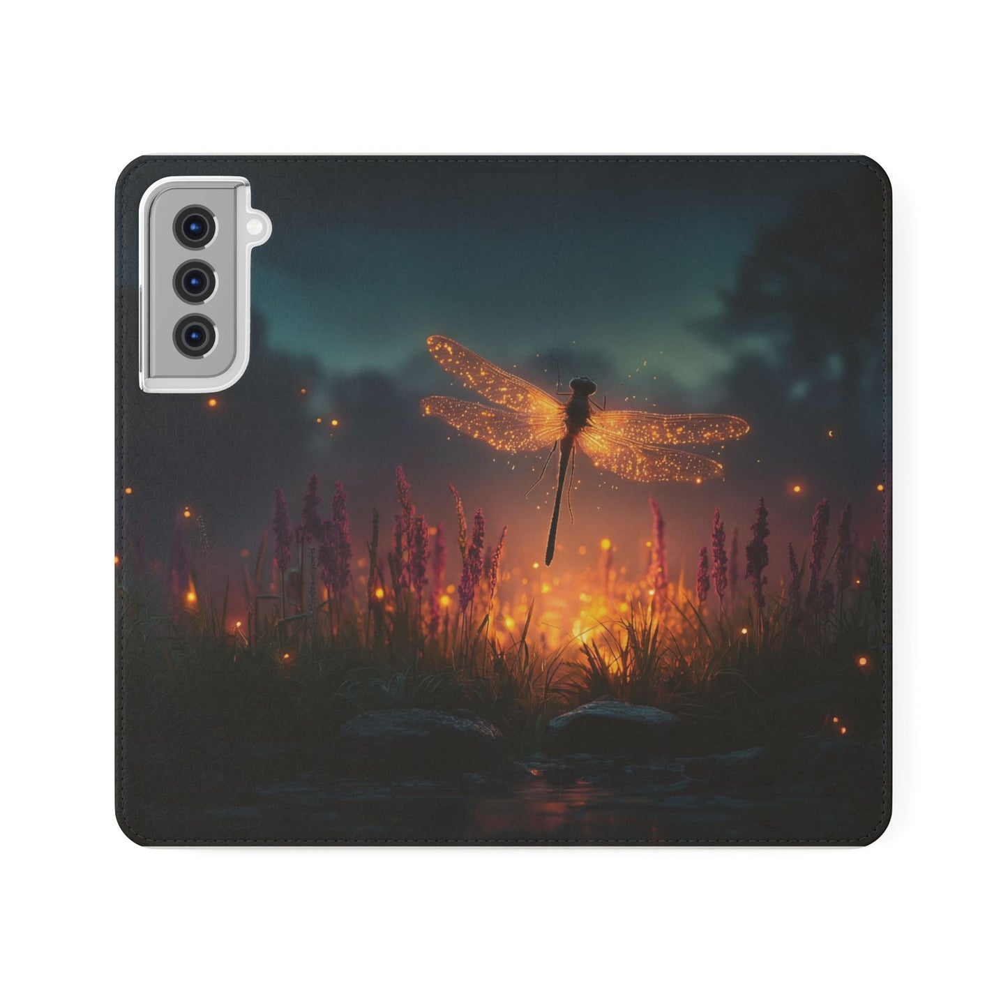 Bioluminescent Dragonfly Flip Cases – Glowing Amber Wings Over Twilight Marsh