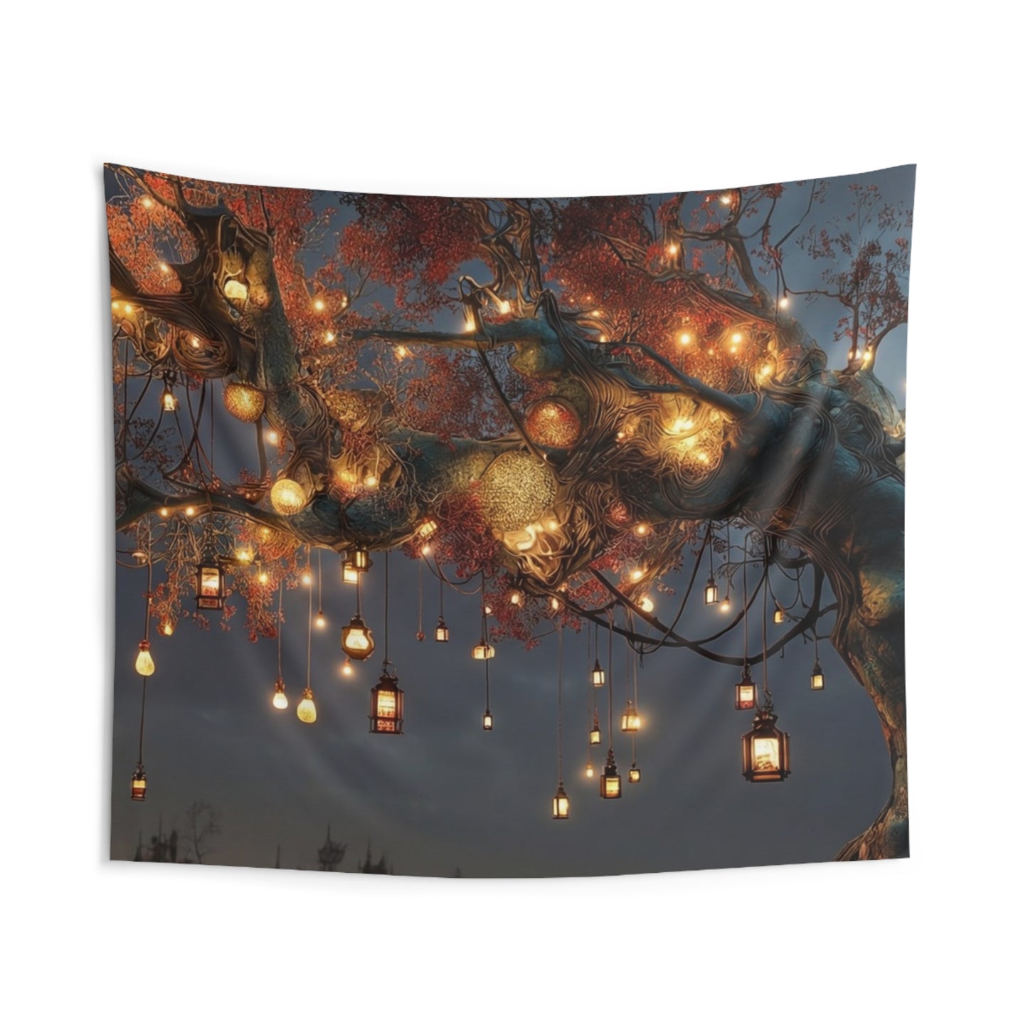 Lantern Tree Wall Tapestry – Desert Nightscape with Glowing Lights