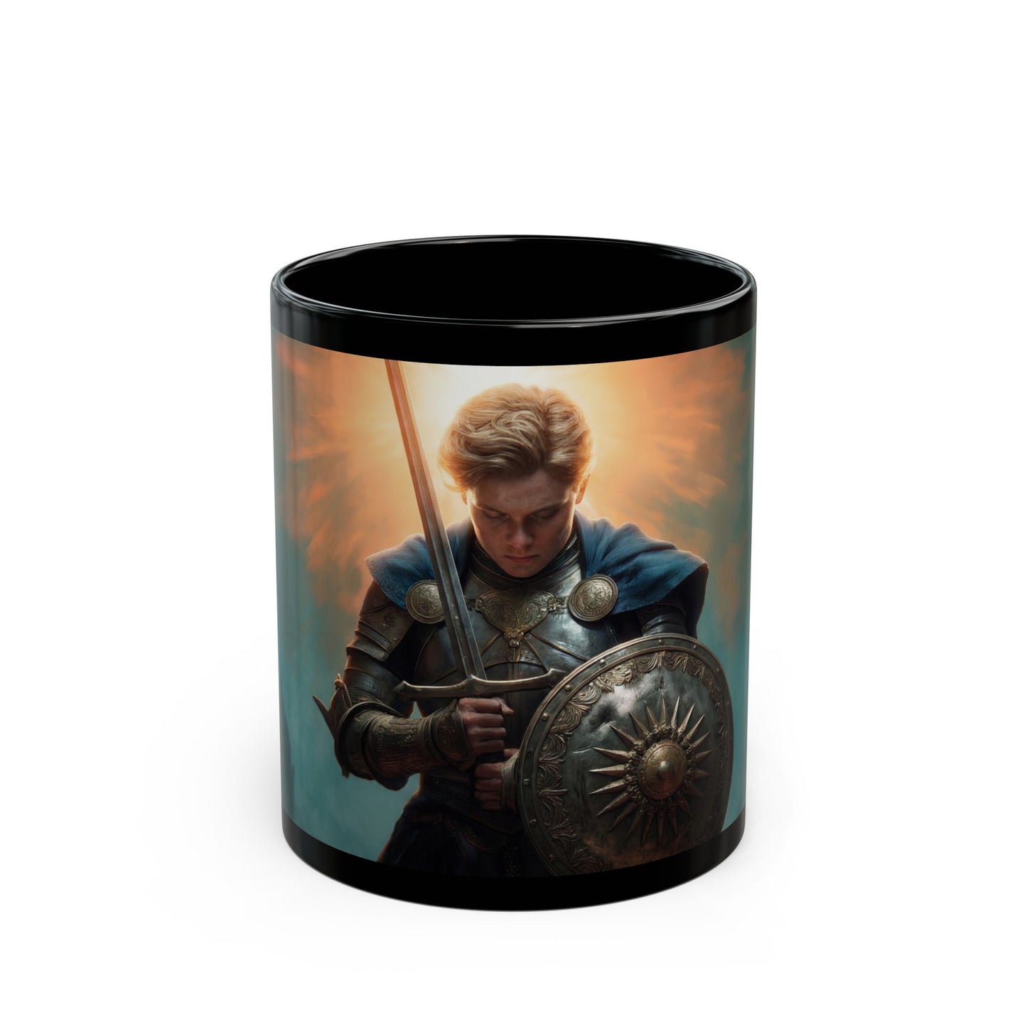 Dawn-Kissed Knight Black Mug – Armor of Resolve Coffee Cup