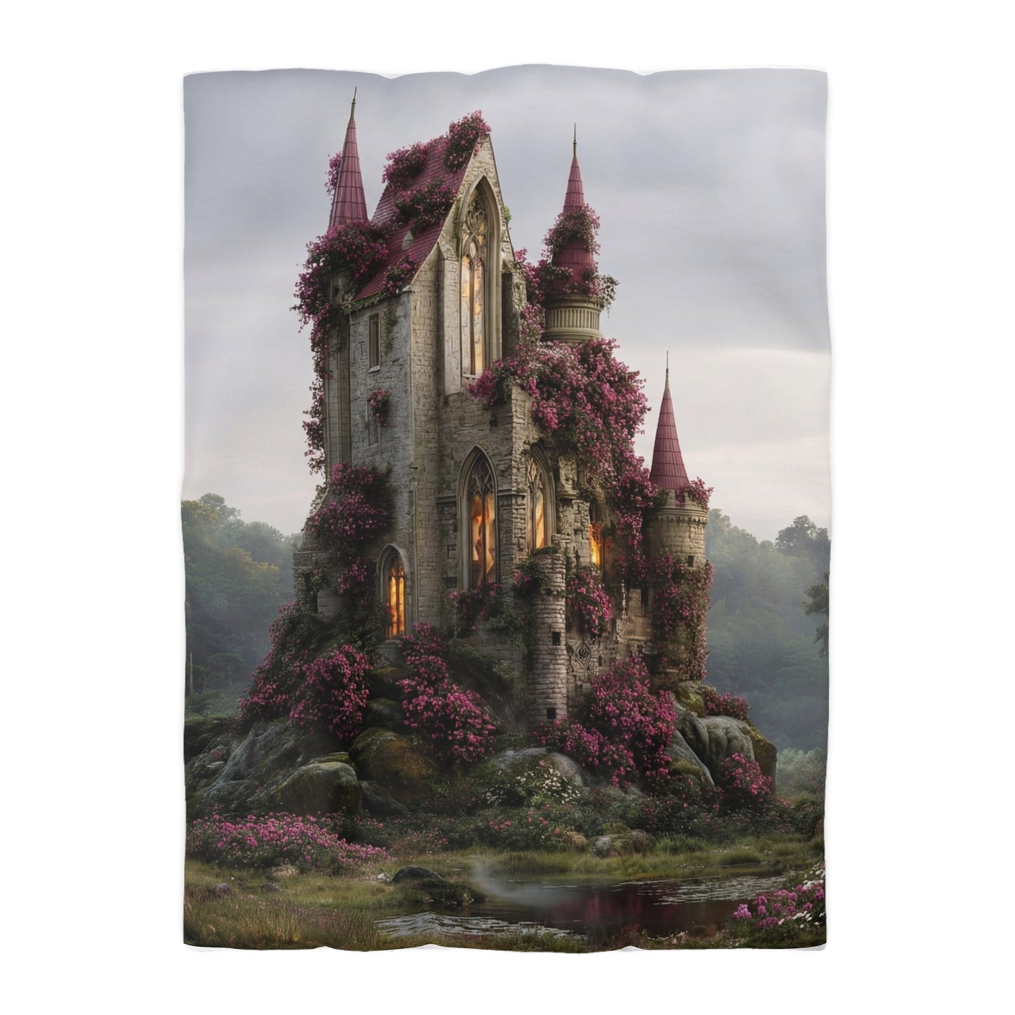 Rose-Covered Castle Microfiber Duvet Cover – Whispers of the Misty Vale