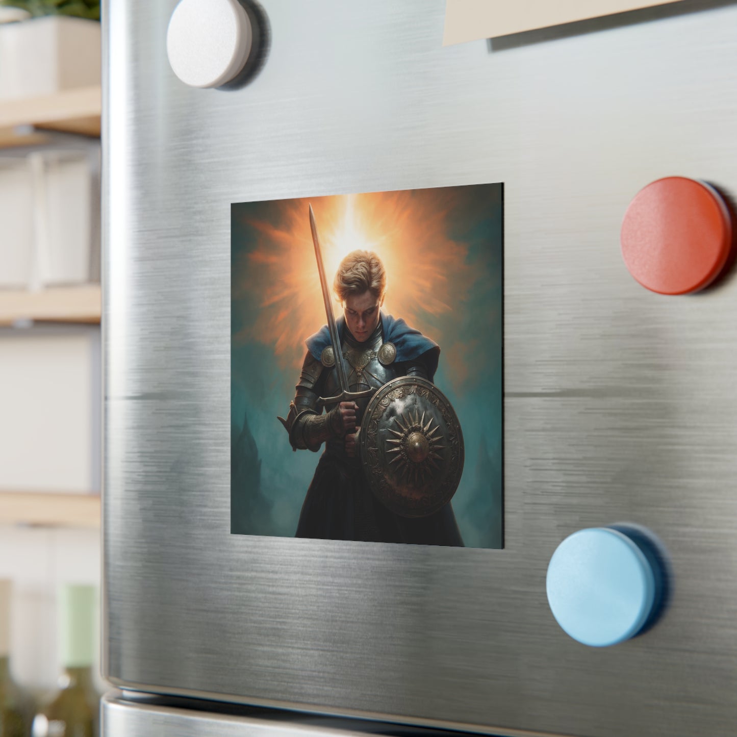 Dawn-Kissed Knight Square Magnet – Sunlit Resolve Against Misty Towers
