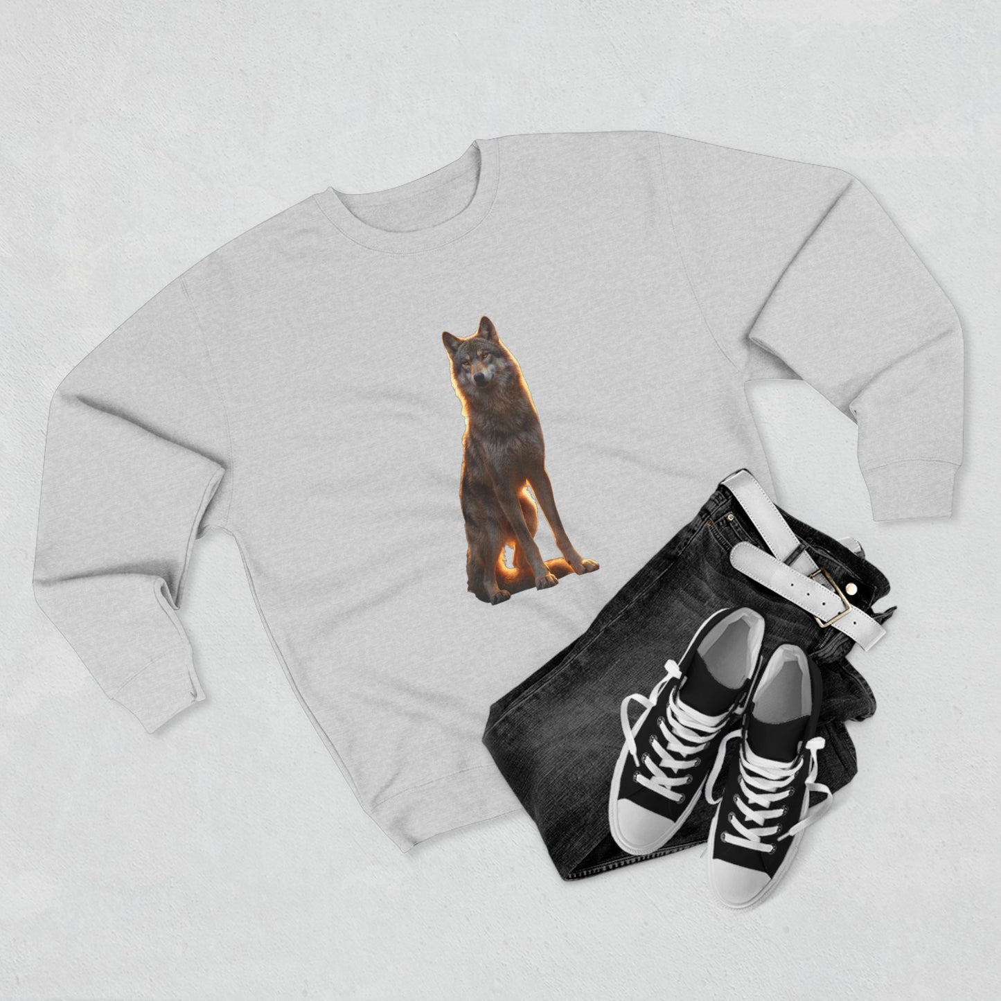 Sunset Sentinel Wolf Sweatshirt – Amber-Lit Canine Guardian Crewneck