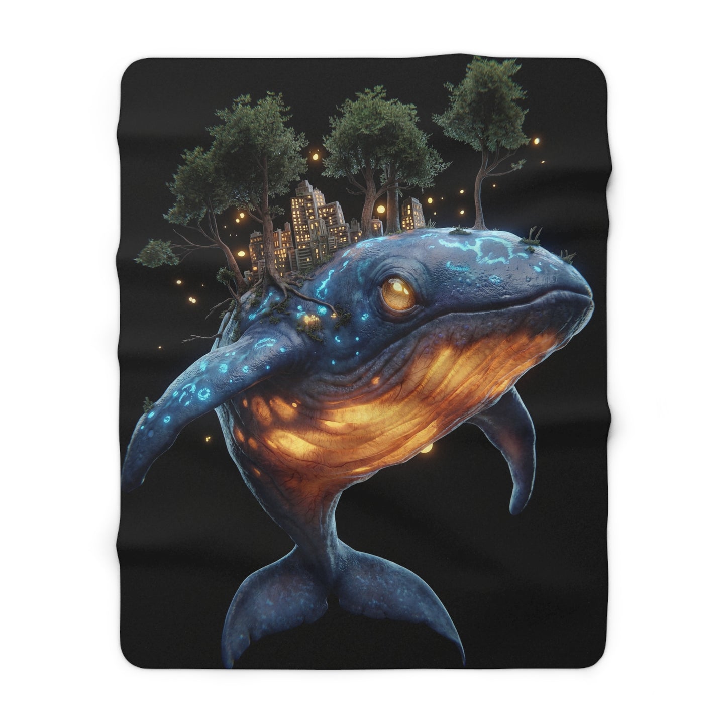 Harbor City Whale Sherpa Fleece Blanket – Bioluminescent Guardian with Urban Grove