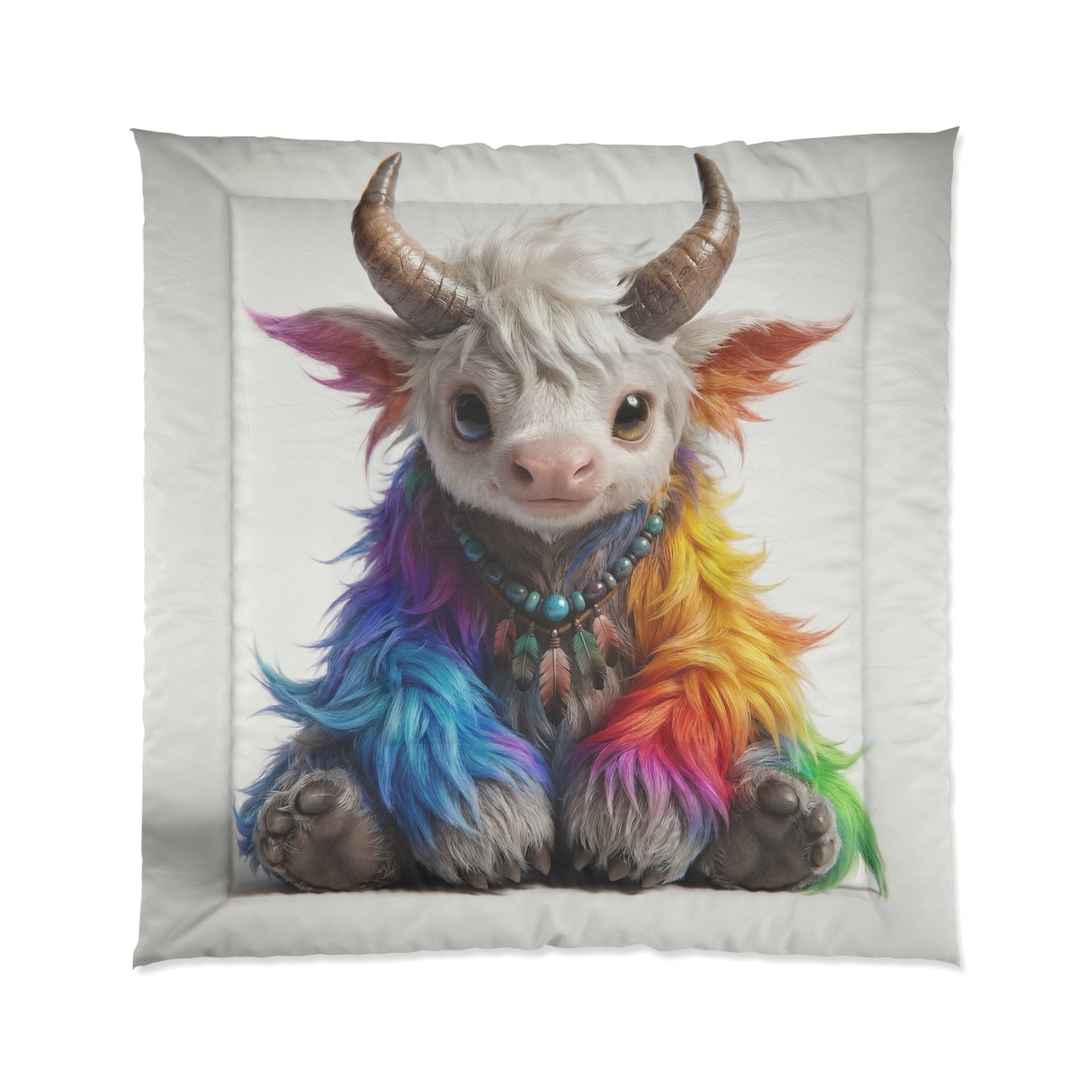 Rainbow Horned Guardian Comforter – Whimsical Furry Spirit Dreamscape
