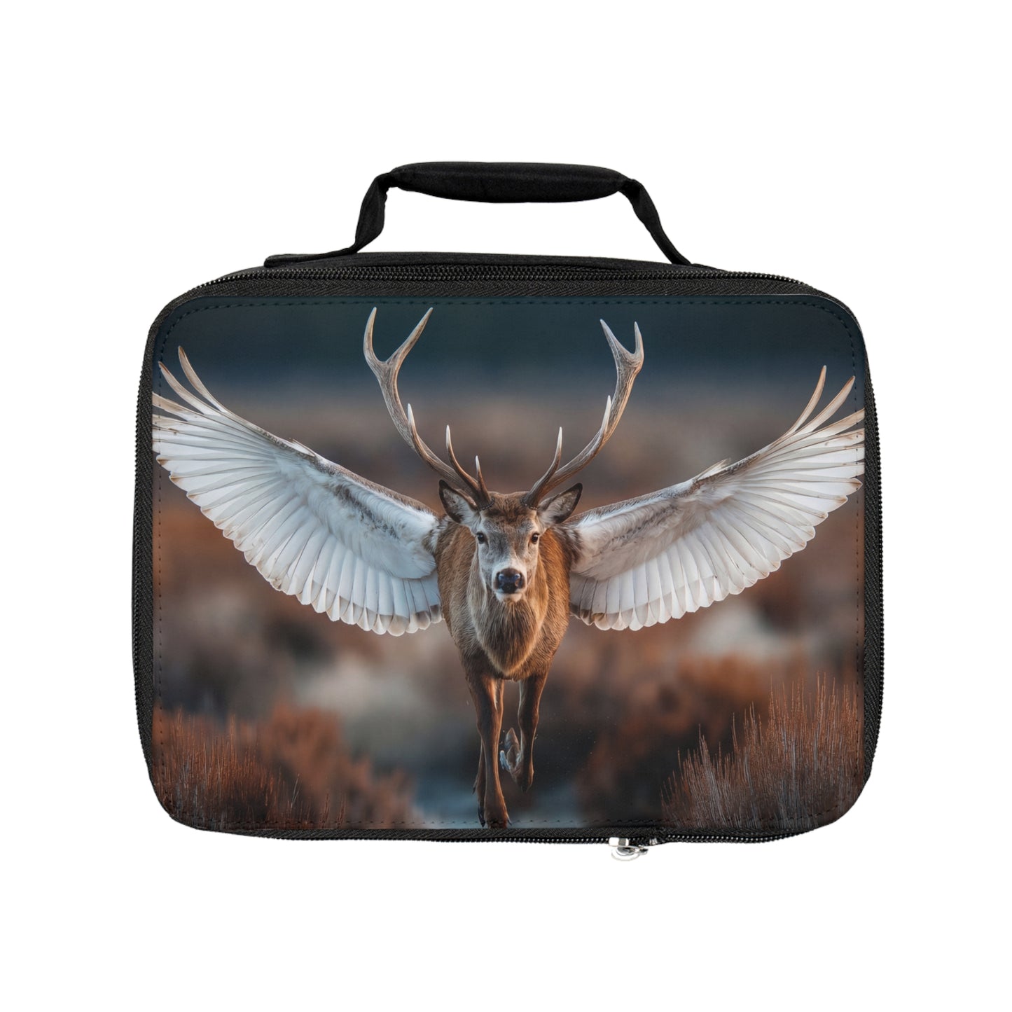 Winged Stag Lunch Bag – Graceful Leap Through Golden Moorland