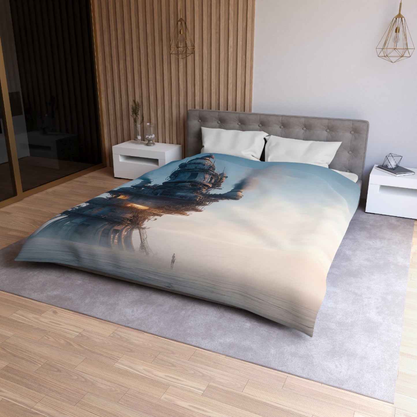Skyward Steam Tower Microfiber Duvet Cover – A孤独 Sentinel in Dawn’s Hush