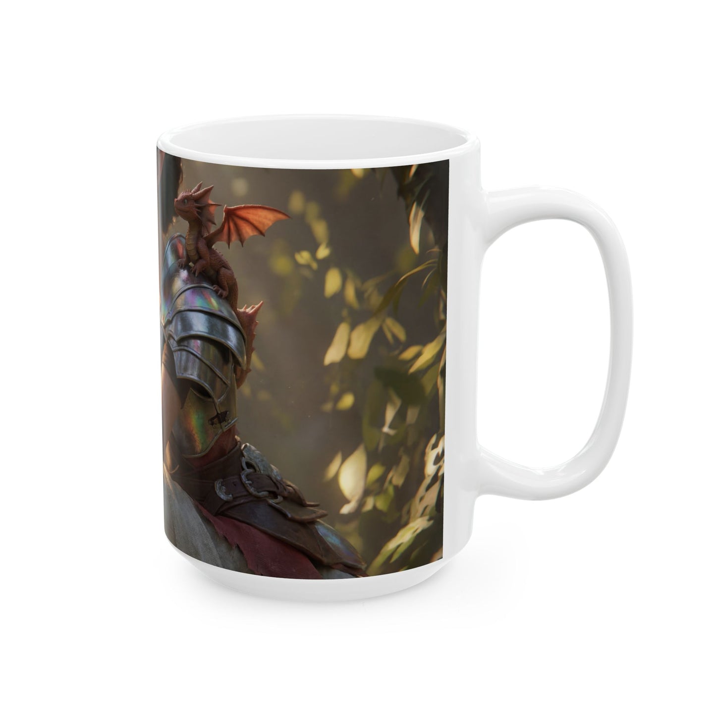 Elf Warrior with Dragon Companion Ceramic Mug – Sunlit Forest Sentinel