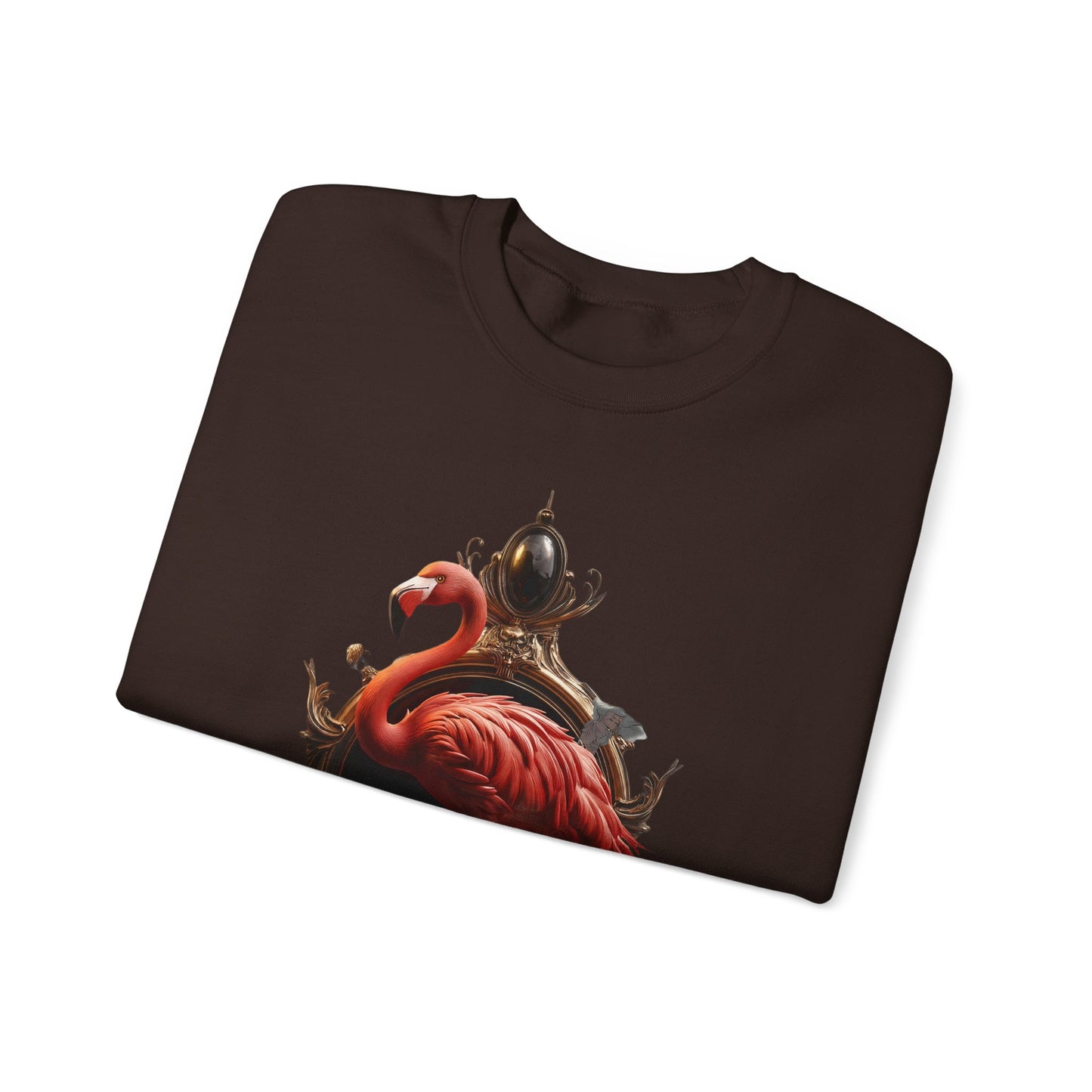 The Ritz Flamingo Unisex Heavy Blend™ Crewneck Sweatshirt – Ornate Gold Frame with Crimson Bird and Whimsical Sentinel