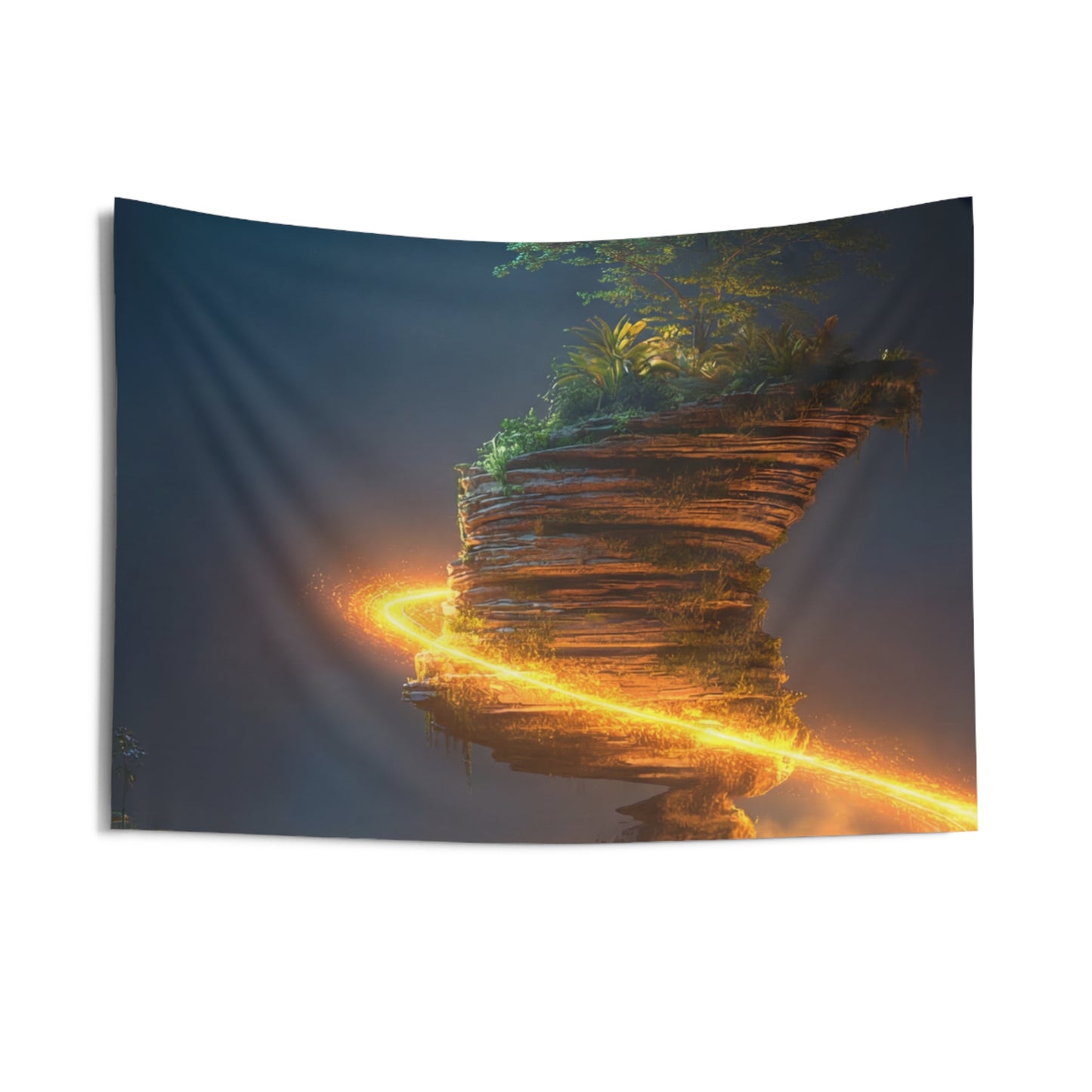 Floating Island Treehouse Tapestry – Celestial Glow Through Twilight Jungle