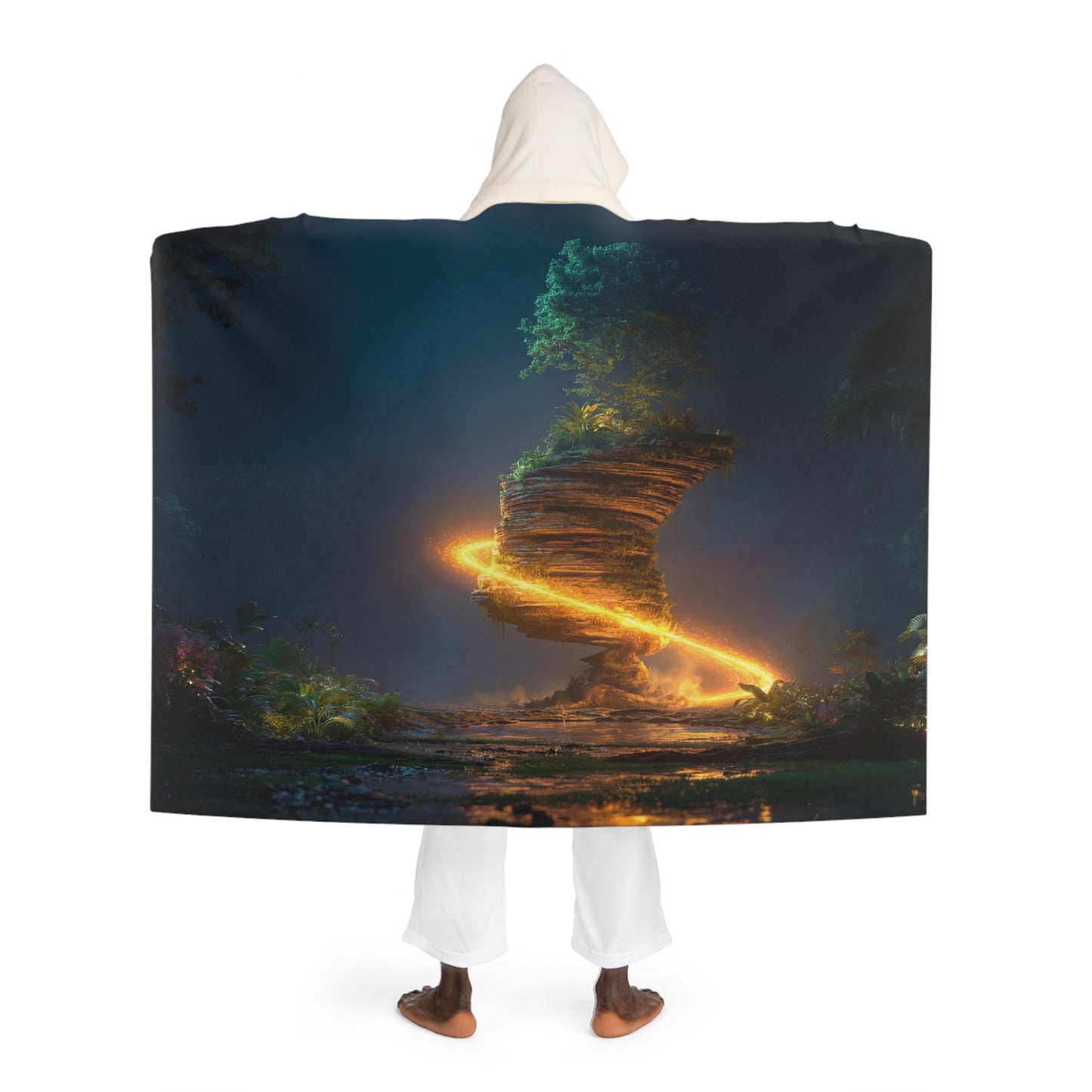 Floating Island Tree Sanctuary Hooded Sherpa Fleece Blanket – Luminous Twilight Portal