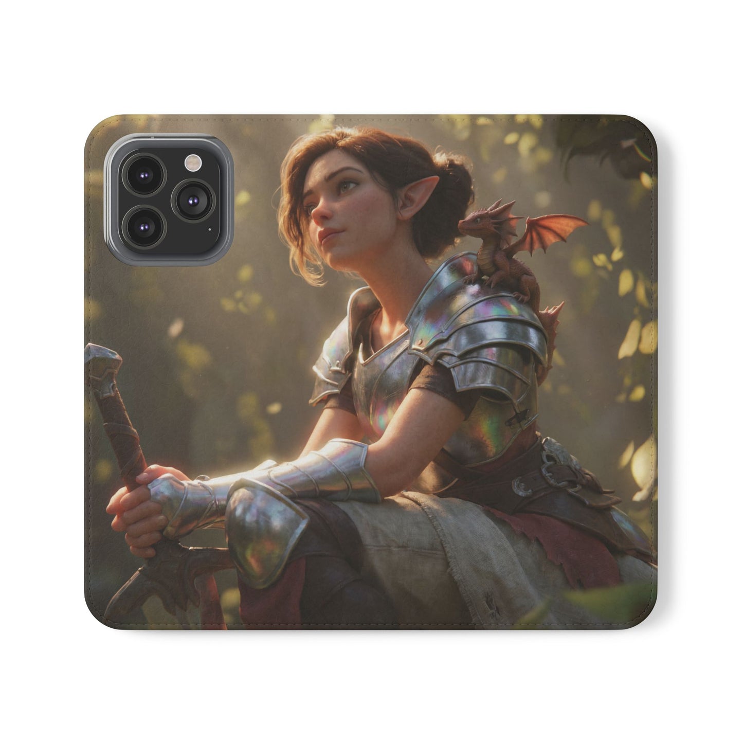 Elven Knight with Dragon Flip Cases – Iridescent Armor & Tiny Guardian Portrait