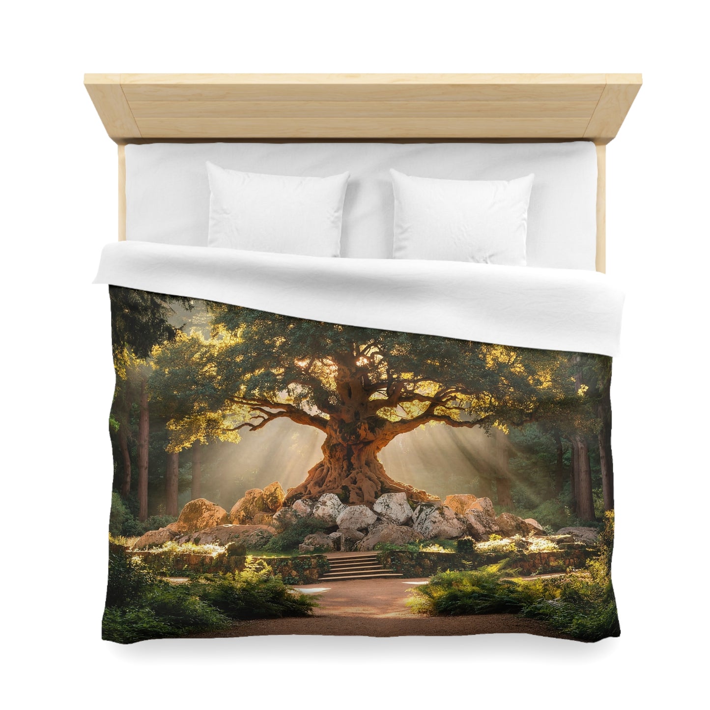 Ancient Sentinel Tree Microfiber Duvet Cover – Golden Sunbeam Sanctuary