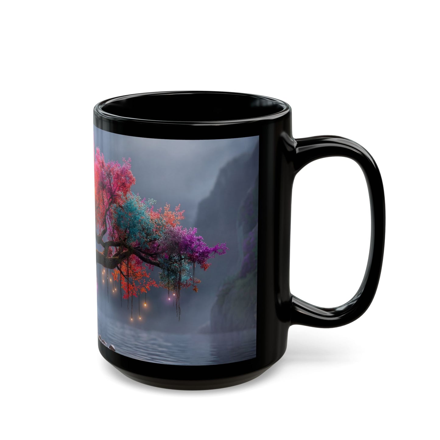 Chromatic Dream Tree Black Mug – Midnight Bloom & Lantern Glow
