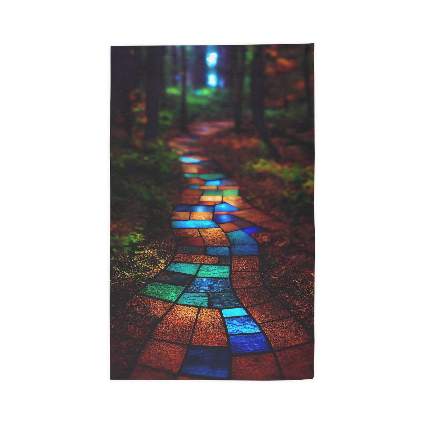 a path paved with stained glass winding through the forest. The path is made of beautiful brightly colored blue green red bronze luminous glass, high quality photograph - Dobby Rug