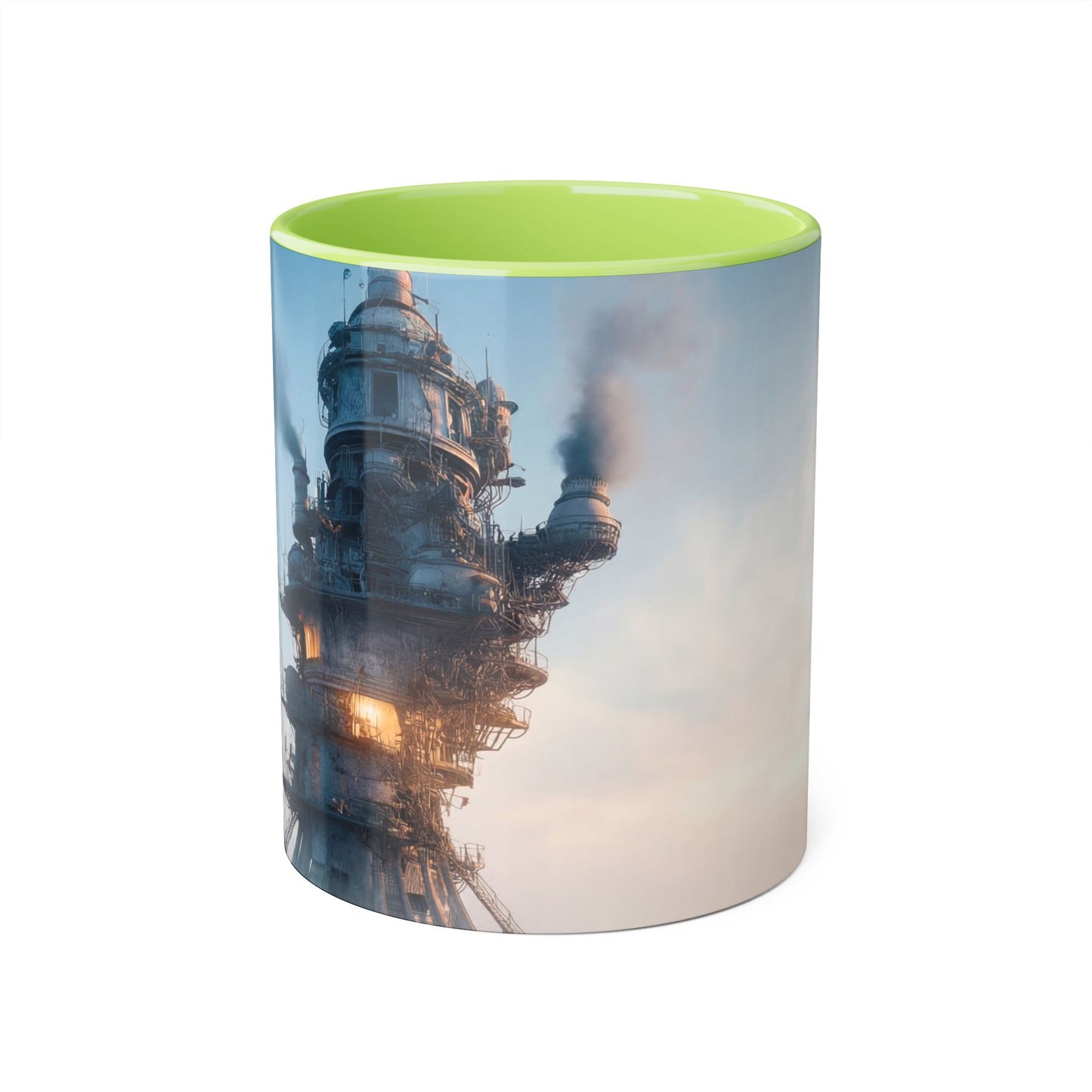 Rusty Tower Accent Mugs, 11oz – Steam-Rising Industrial Lighthouse