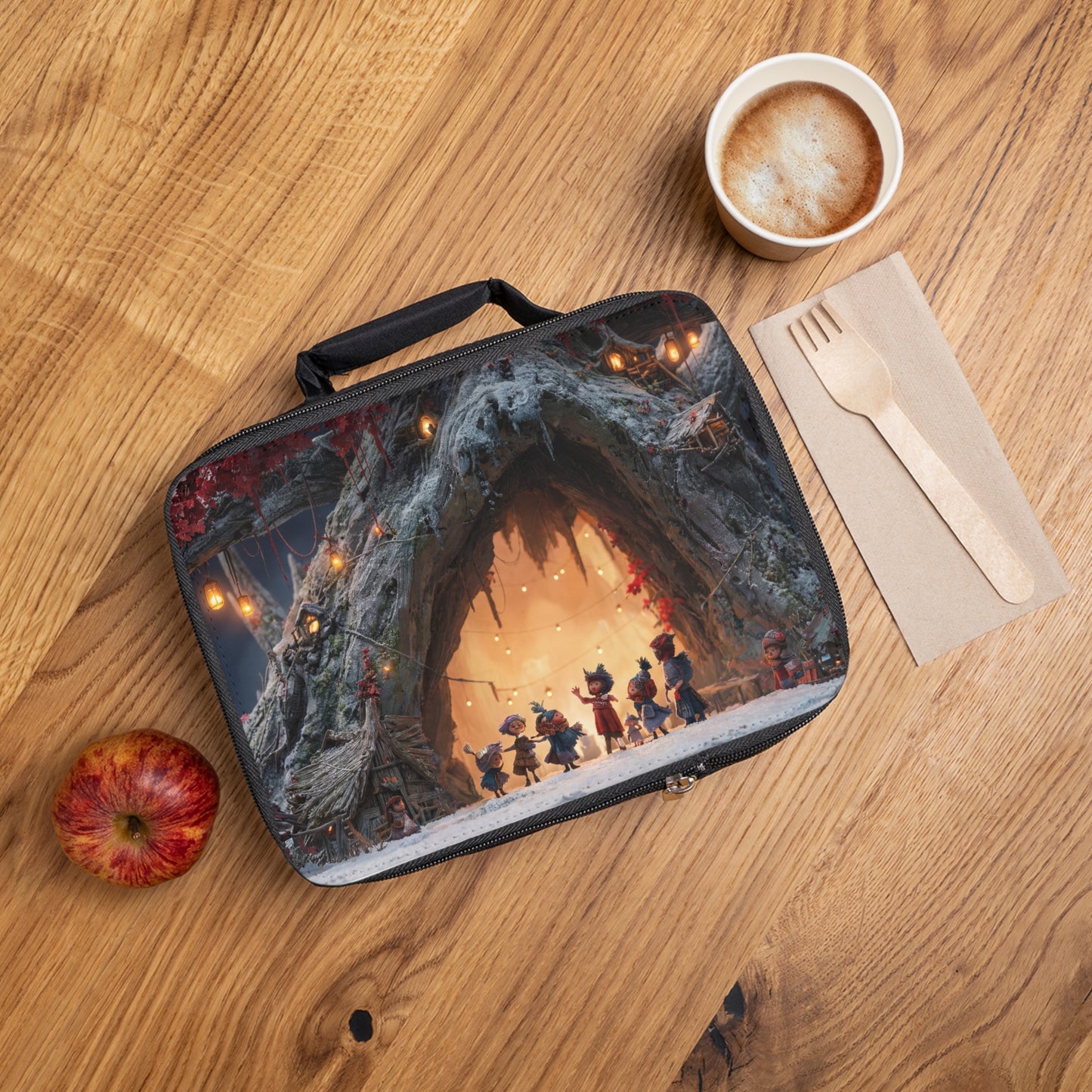 Winter Treehouse Village Lunch Bag – Snow-Dusted Celebration Under Crimson Canopy
