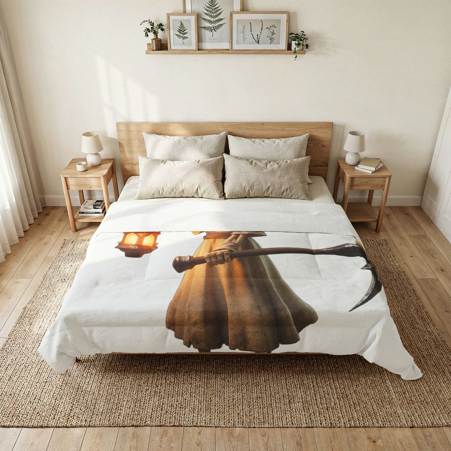 Lantern Bearer Cotton Comforter – Hooded Sentinel with Glowing Skull Eyes