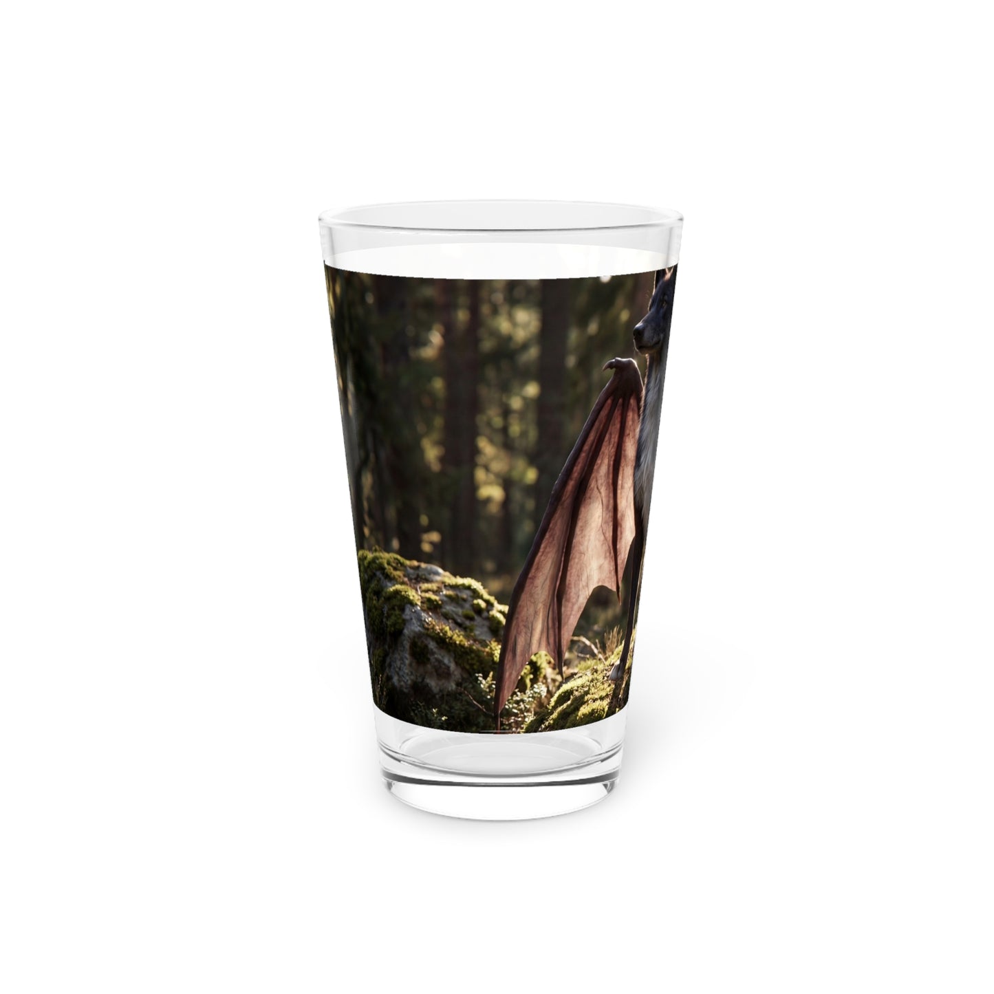Dragon Wolf in Sunlit Grove Pint Glass – Guardian of the Mossy Stones