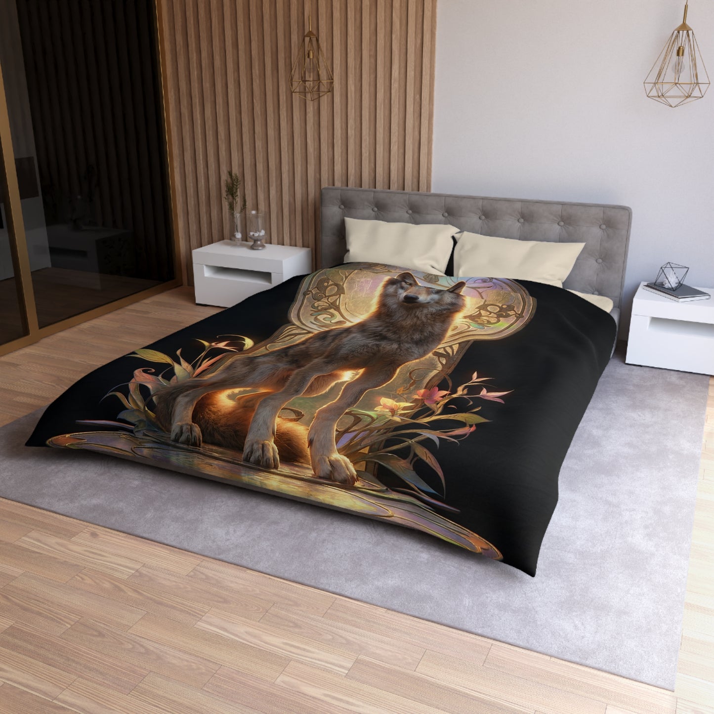 Regal Wolf Throne Microfiber Duvet Cover – Golden Light Through Art Nouveau Arch