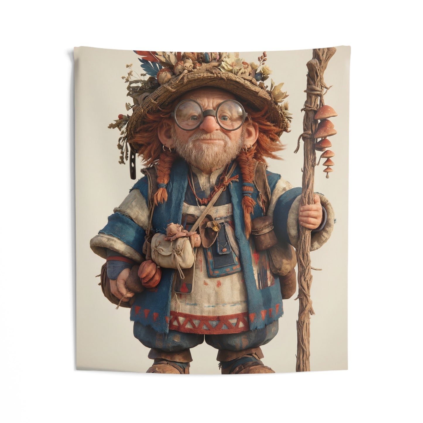 Wandering Herbalist Tapestry – Sunlit Forest Wanderer with Mushroom Staff