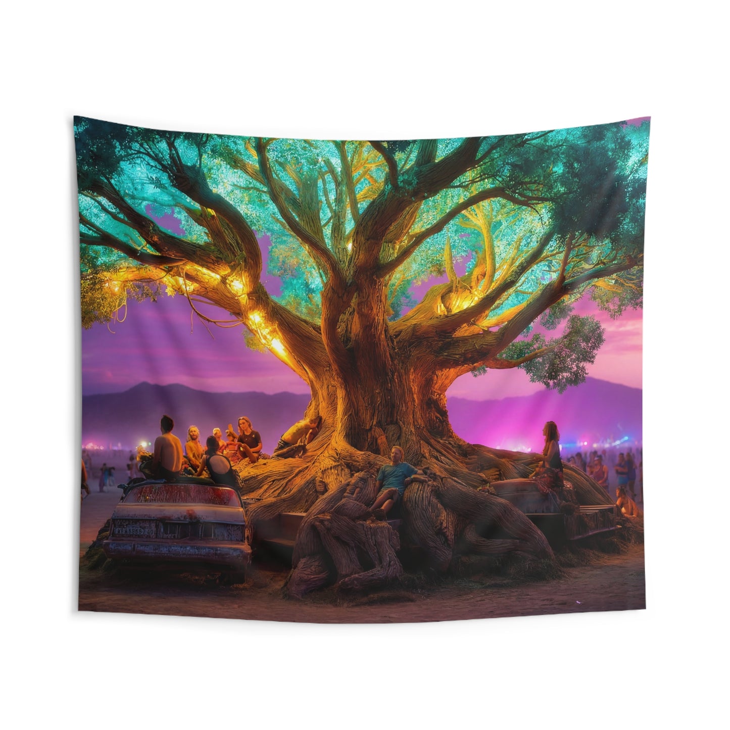 Celestial Tree Gathering Tapestry – Neon Twilight Festival Oasis