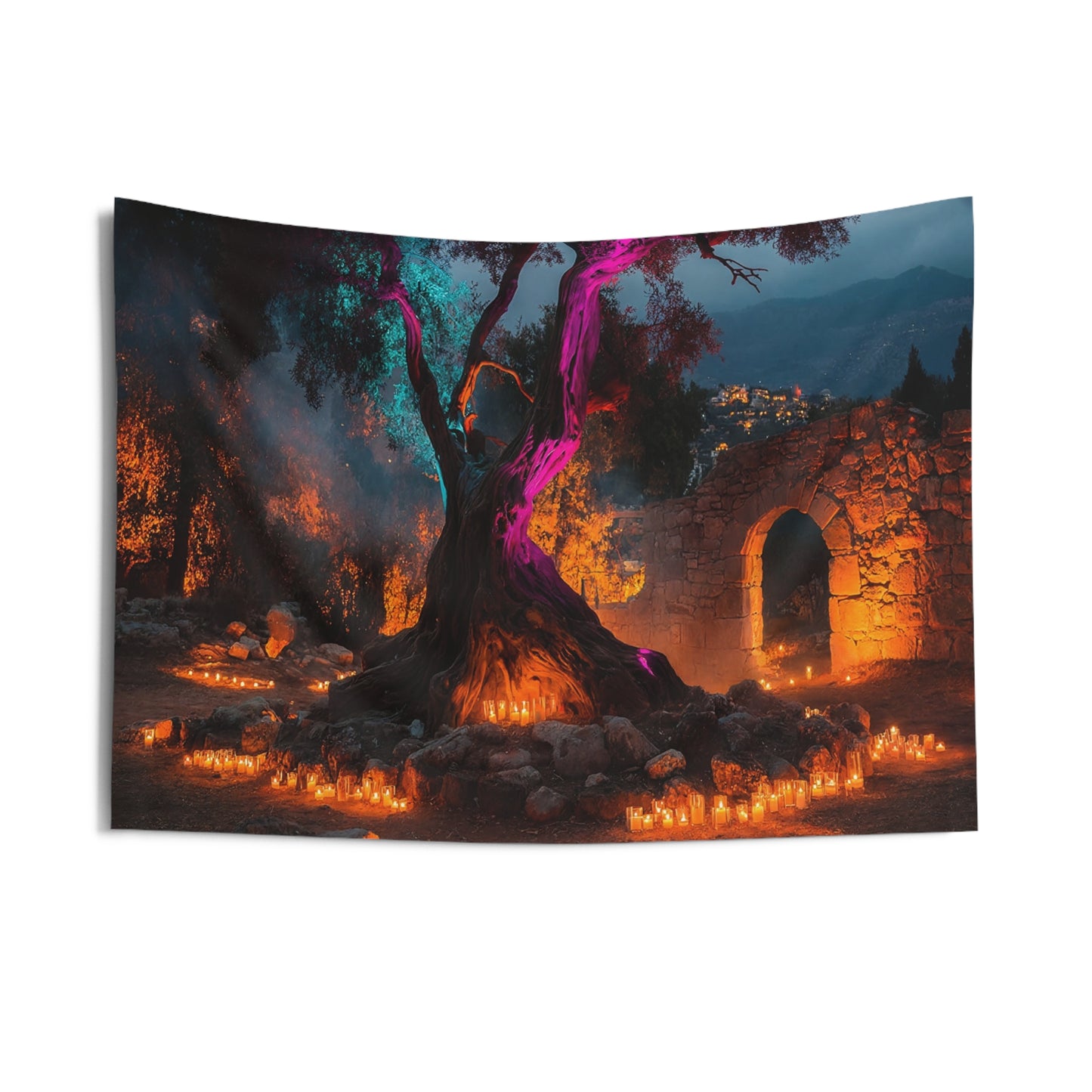 Ancient Grove Candlelight Tapestry – Mystical Tree Sanctuary at Dusk