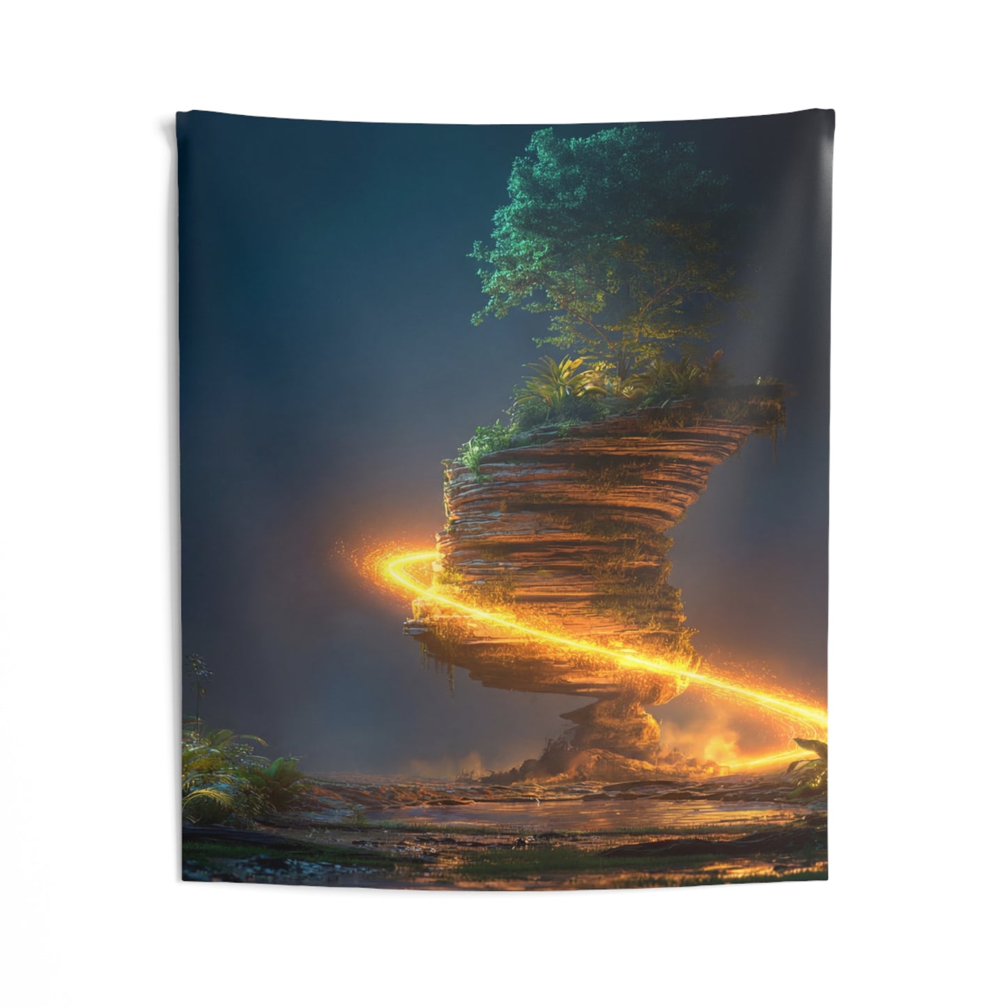 Floating Island Treehouse Tapestry – Celestial Glow Through Twilight Jungle