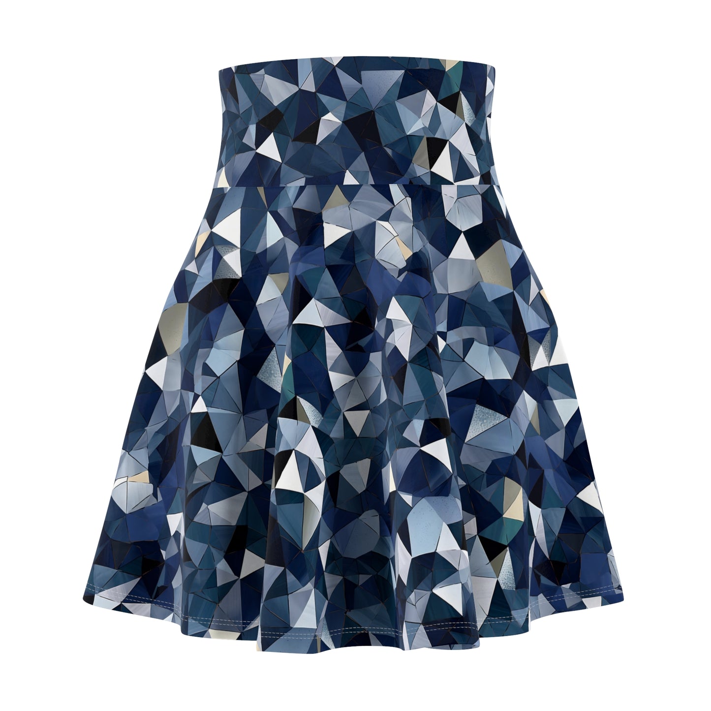 "A geometric pattern inspired by the facets of a telescope lens, using a color scheme of deep navy, cool gray, and shimmering, iridescent accents." - Women's Skater Skirt