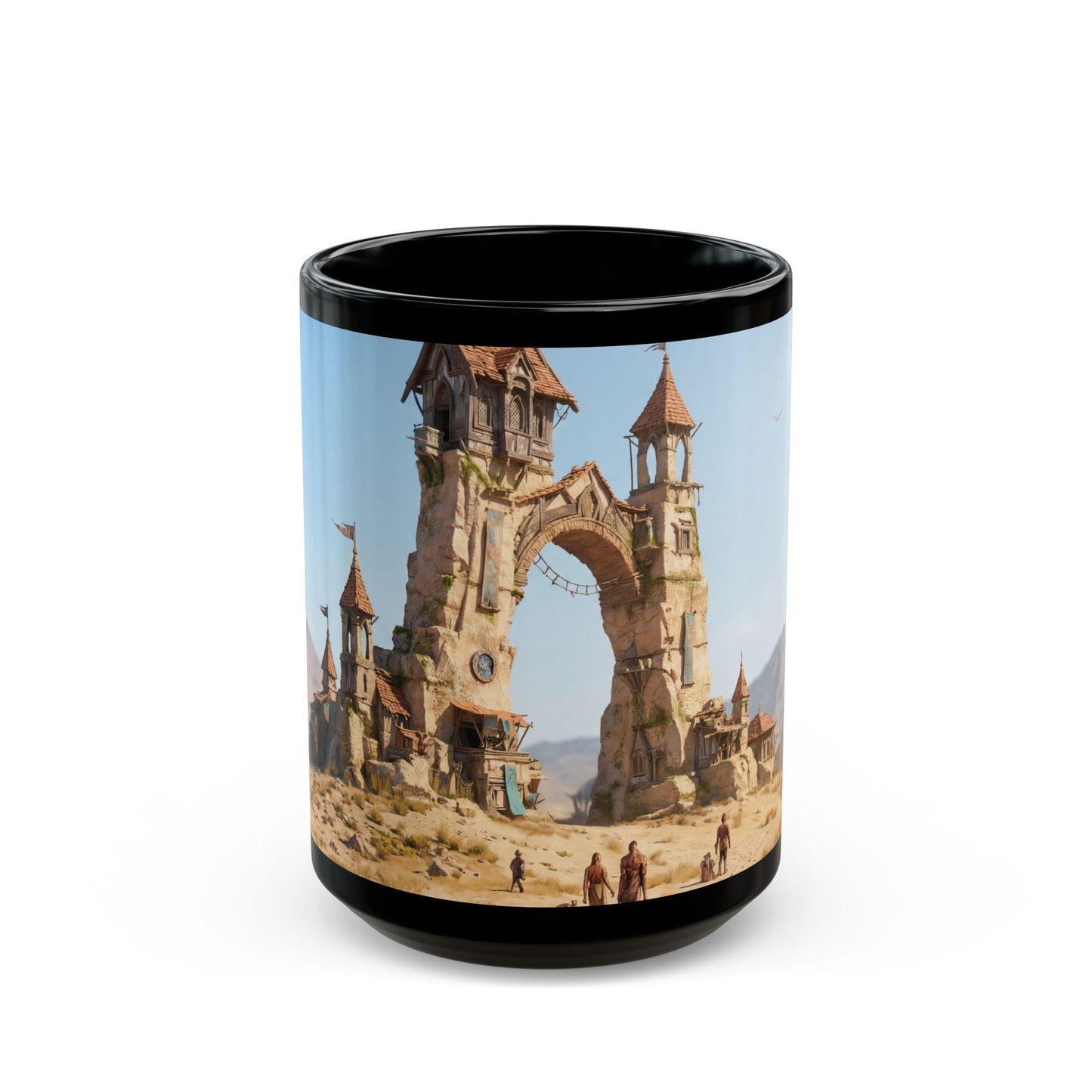 Desert Citadel Black Mug – Sunlit Ruins & Wanderer’s Path