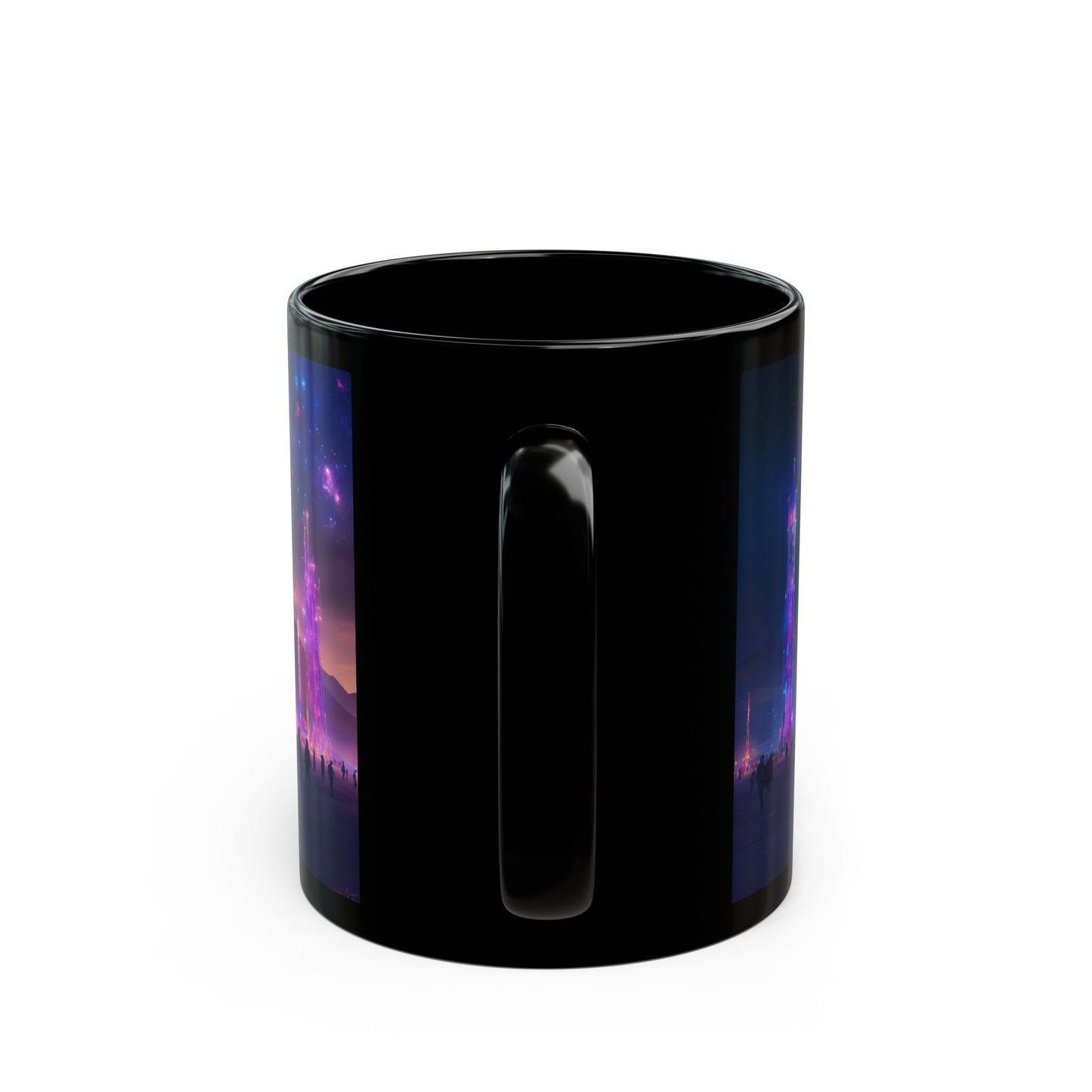 Cosmic Spire Sanctuary Black Mug – Neon Nebula Dreamscape