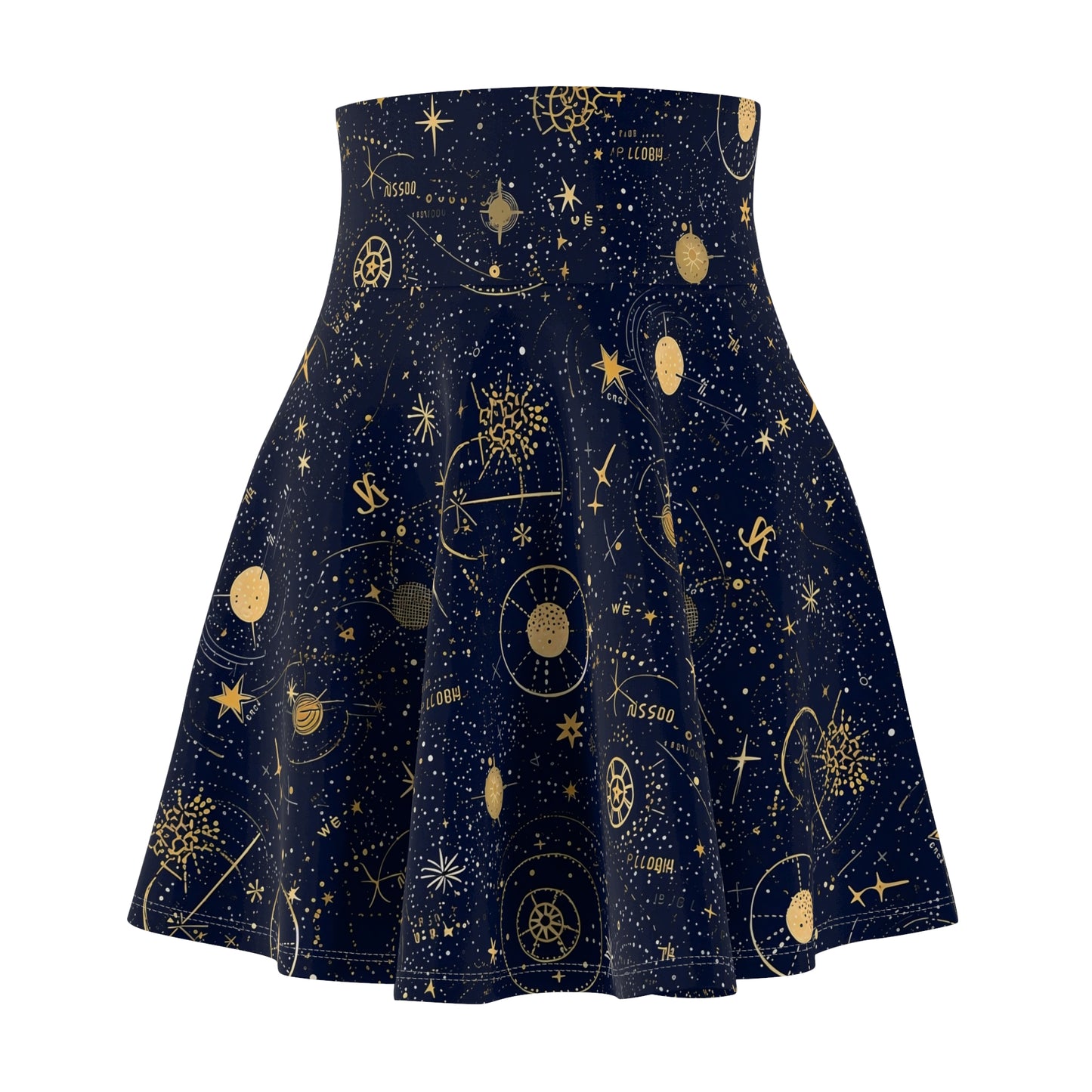 "A detailed star map pattern with constellations interconnected by delicate lines, using a color palette of deep indigo, midnight blue, and accents of silver and gold." - Women's Skater Skirt