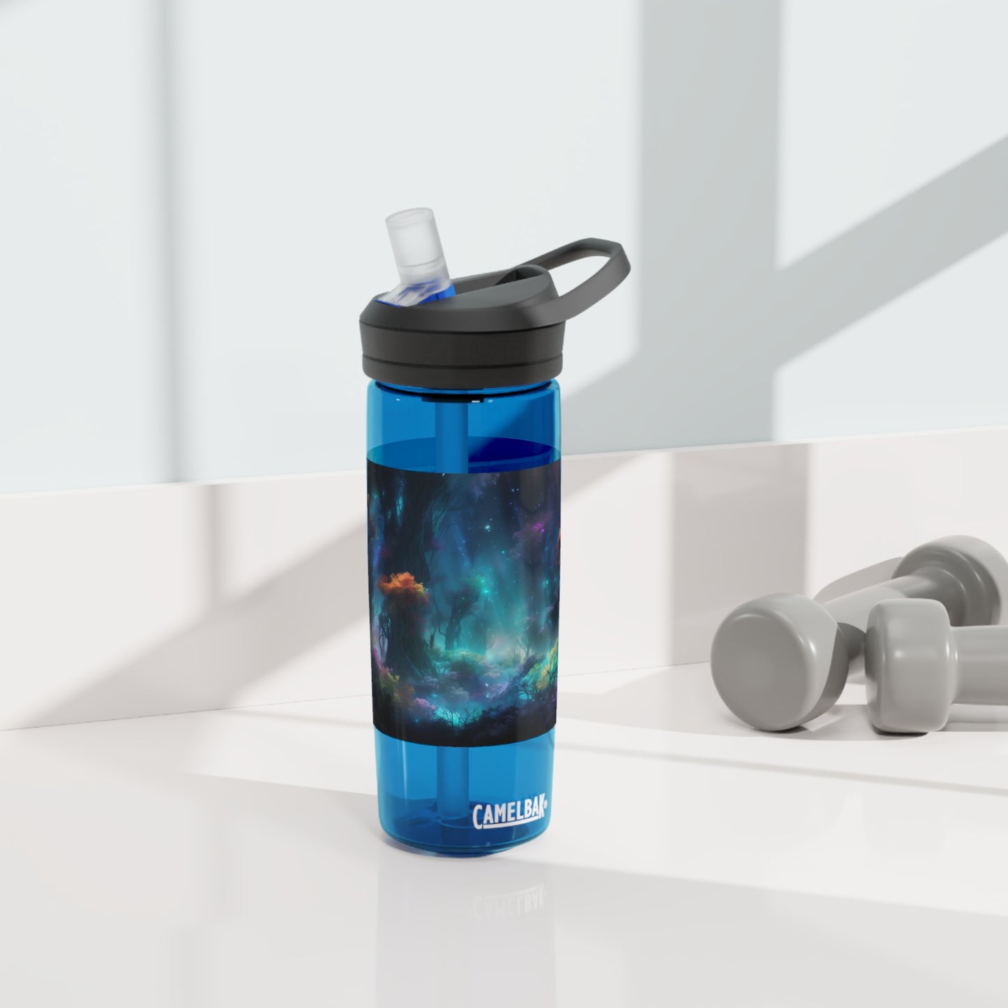 Panoramic digital art of an alien planet's mesmerizing bioluminescent forest, the towering trees adorned with glowing foliage in vivid shades of blue - CamelBak Eddy®  Water Bottle, 20oz\25oz