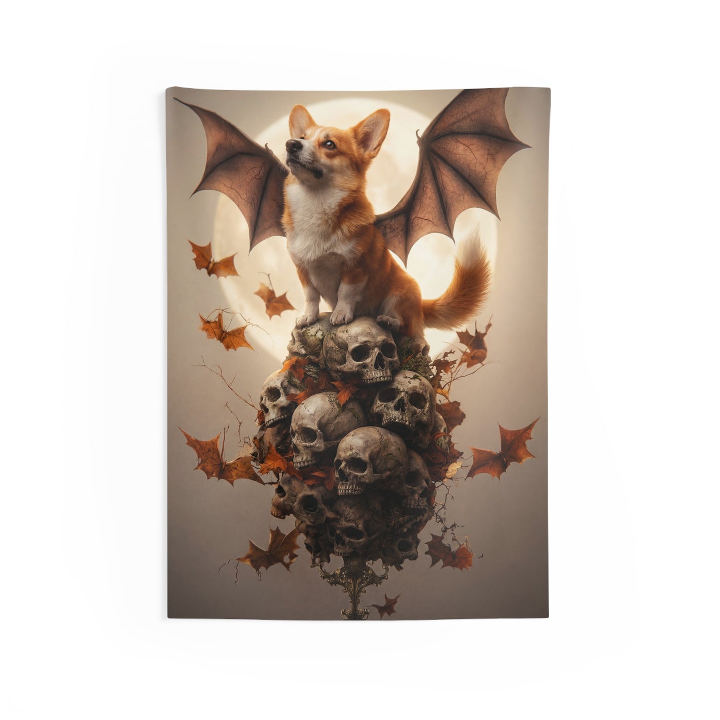 Winged Corgi Over Skulls Indoor Wall Tapestries – Autumn Moonlit Sentinel