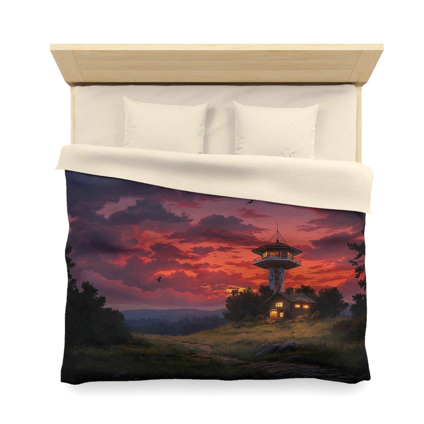 Sunset Sentinel Microfiber Duvet Cover – Warm Light Over Watchtower Hills