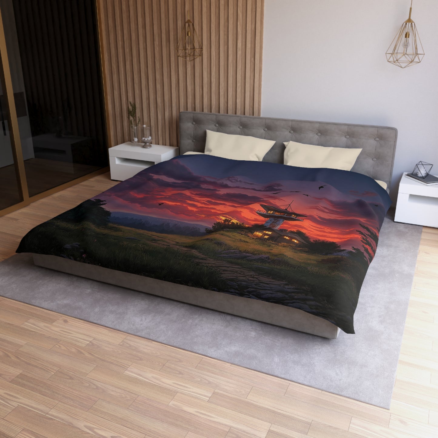 Sunset Sentinel Microfiber Duvet Cover – Warm Light Over Watchtower Hills