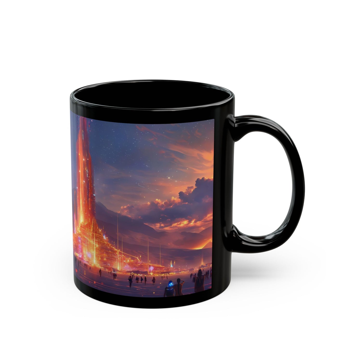 Cosmic Spire Black Mug – Neon Desert Temple Dreamscape
