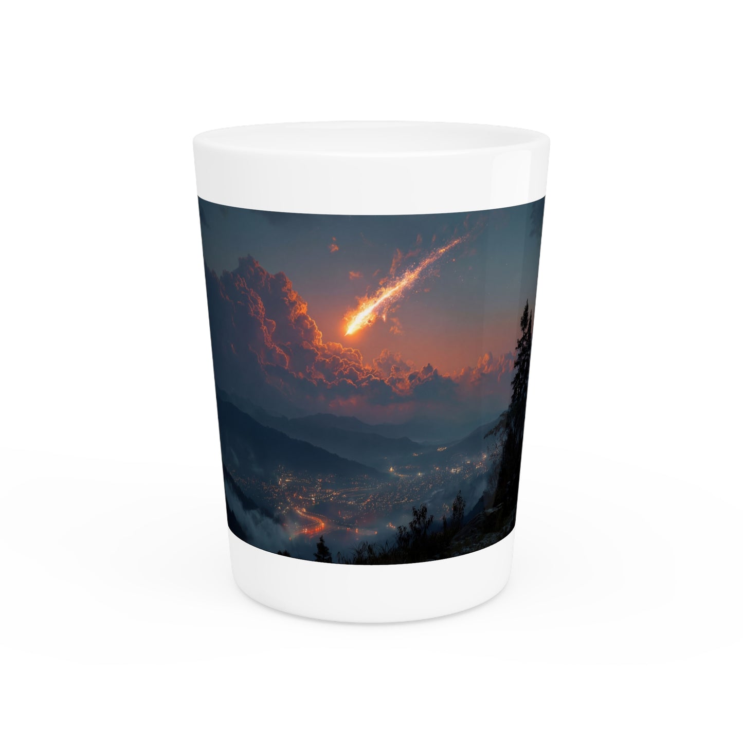 Meteor Shower Shot Glass – Fiery Comet Over Mountain City